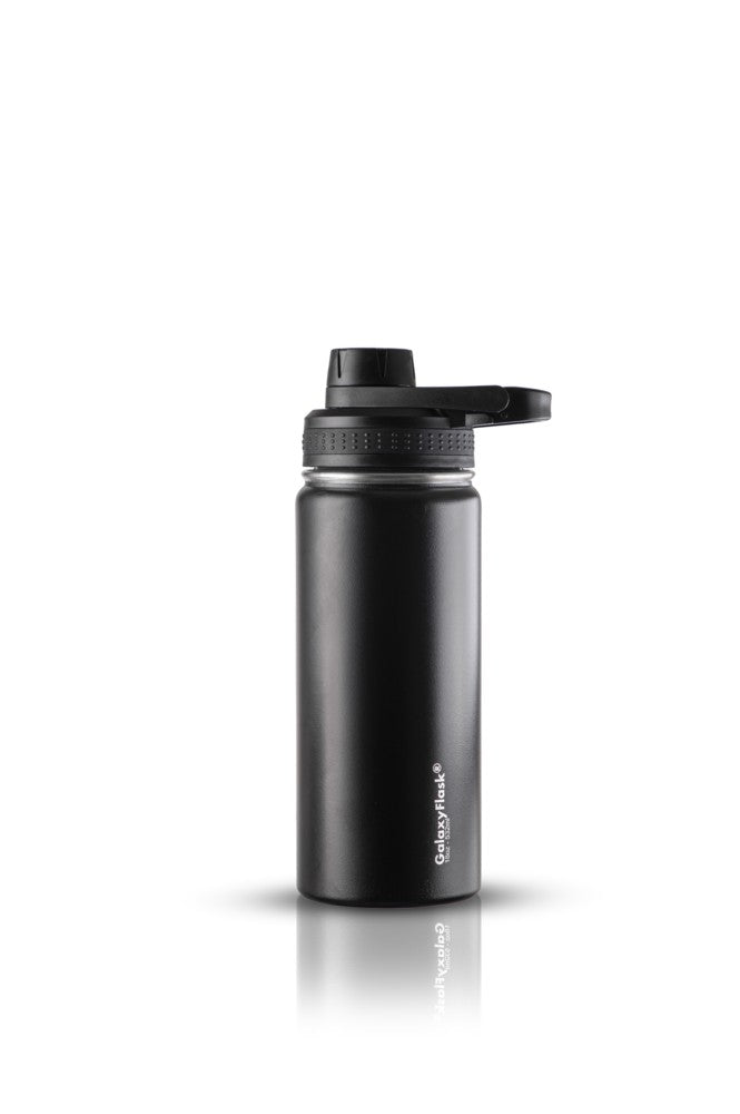 Garrafa Térmica GalaxyFlask® 532 - Alça Fixa, preta com alça prática, isolamento térmico para bebidas quentes e frias, aço inoxidável.