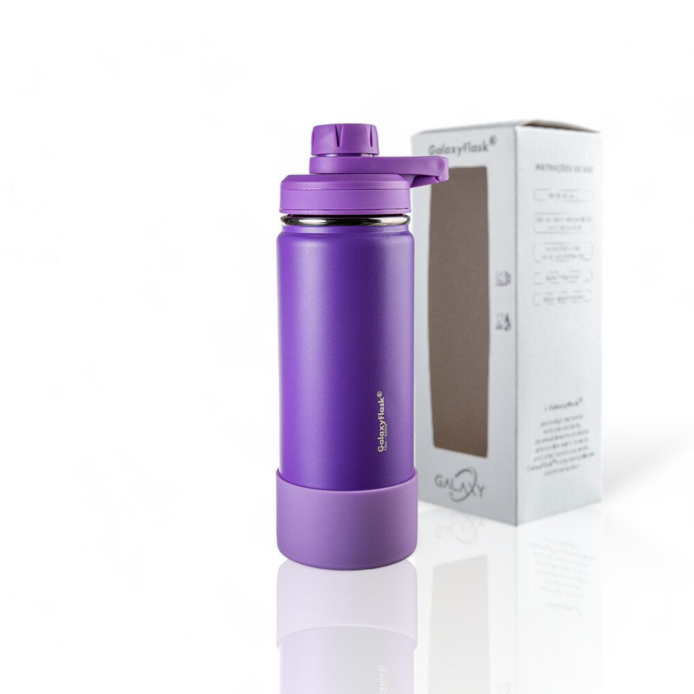 Garrafa Térmica GalaxyFlask® 532 - Alça Fixa roxa com caixa, mantém bebidas quentes por até 12 horas e frias por até 24 horas.