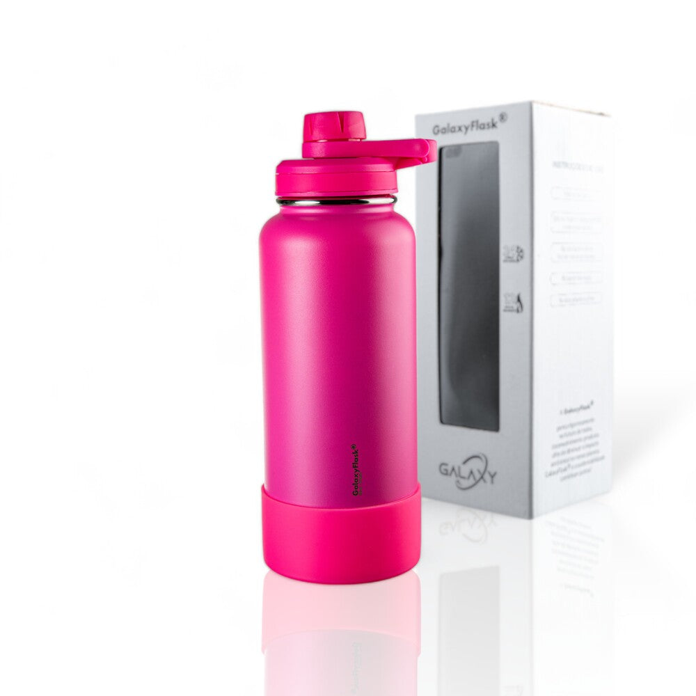 Garrafa Térmica GalaxyFlask® 946ml - Alça Fixa em rosa com embalagem ao fundo, ideal para bebidas quentes e frias.