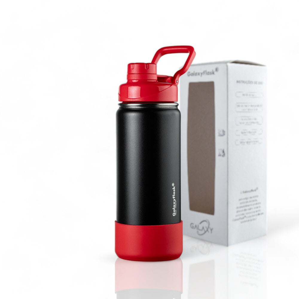 Garrafa Térmica GalaxyFlask® 532 - Black Editions com tampa Spout Lid inovadora, mantém bebidas quentes e frias, cor preta e vermelha.