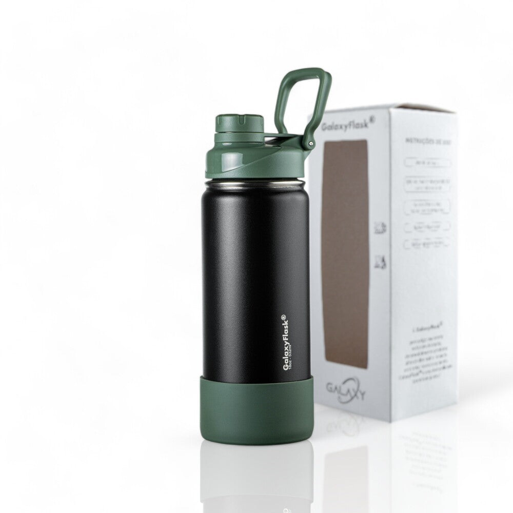 Garrafa Térmica GalaxyFlask® 532 - Black Editions com tampa inovadora, estrutura dupla camada e aço inoxidável de alta qualidade.