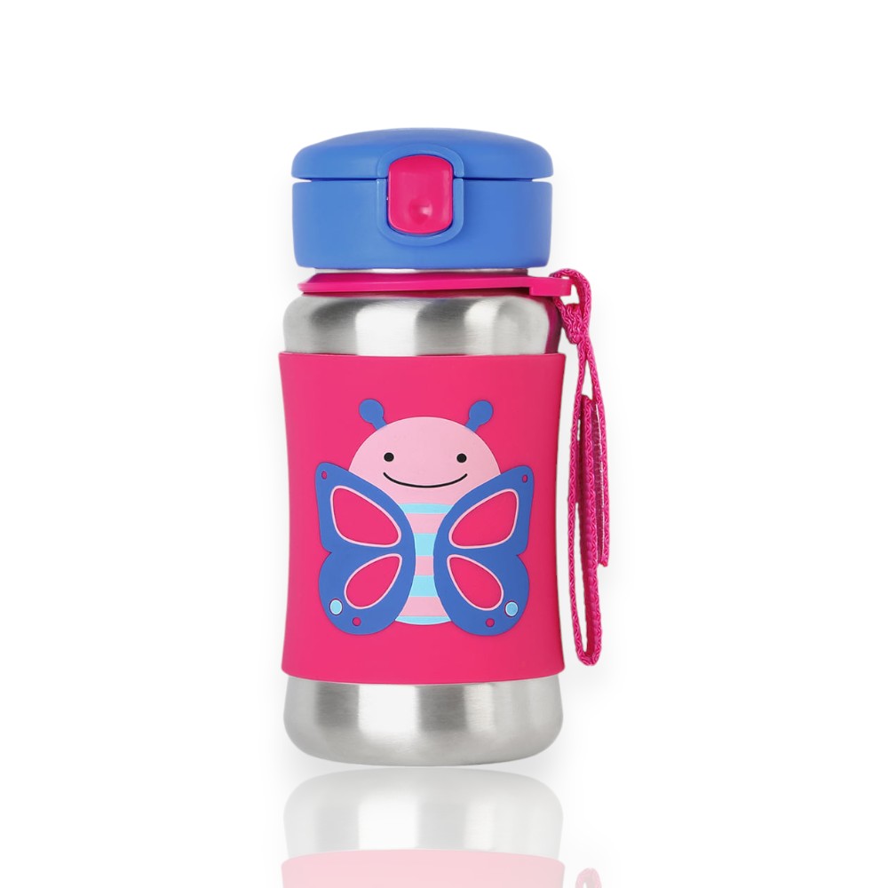 Garrafa Térmica de aço Inox - Skip Hop com capa de silicone rosa e desenho de borboleta, ideal para crianças.