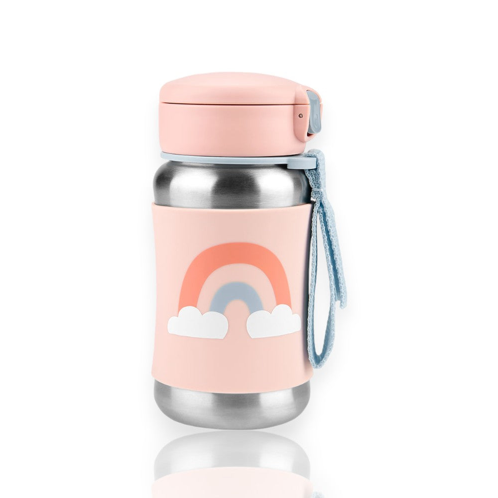 Garrafa Térmica de aço Inox - Skip Hop com capa de silicone e alça ajustável, ideal para crianças, livre de BPA, ftalatos e PVC.