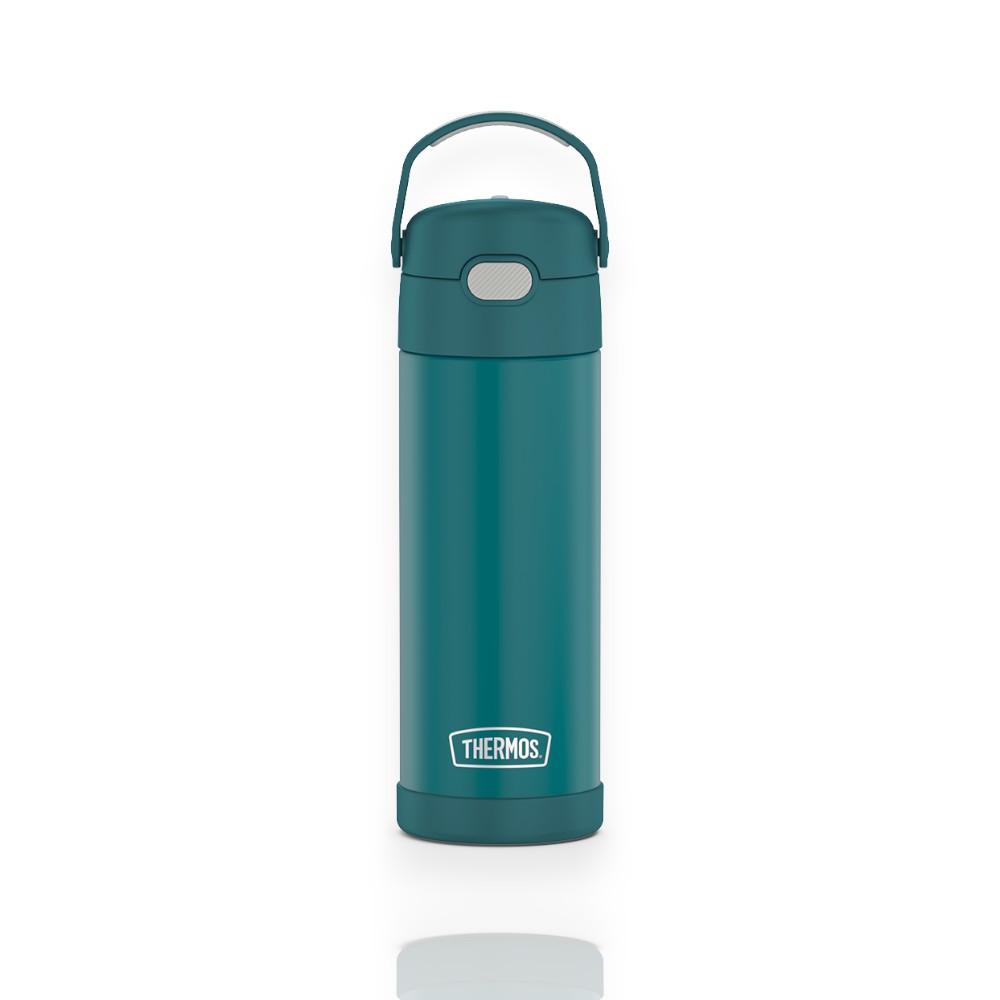 Garrafa Térmica Thermos Funtainer F411 - 470ml azul esverdeado para manter bebidas frias até 12 horas, ideal para crianças.