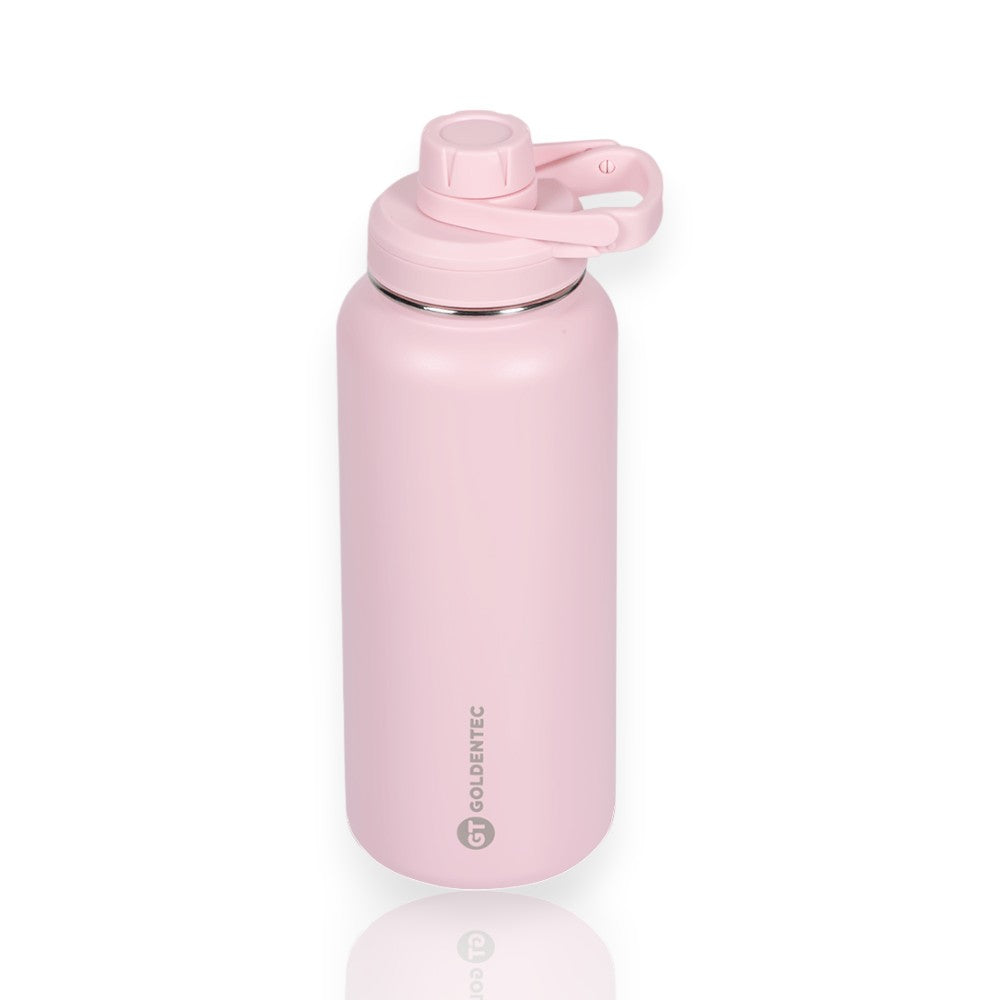 Garrafa Térmica Goldentec 1000ml em aço rosa, mantém bebidas frias por 24h e quentes por 12h, ideal para uso diário.