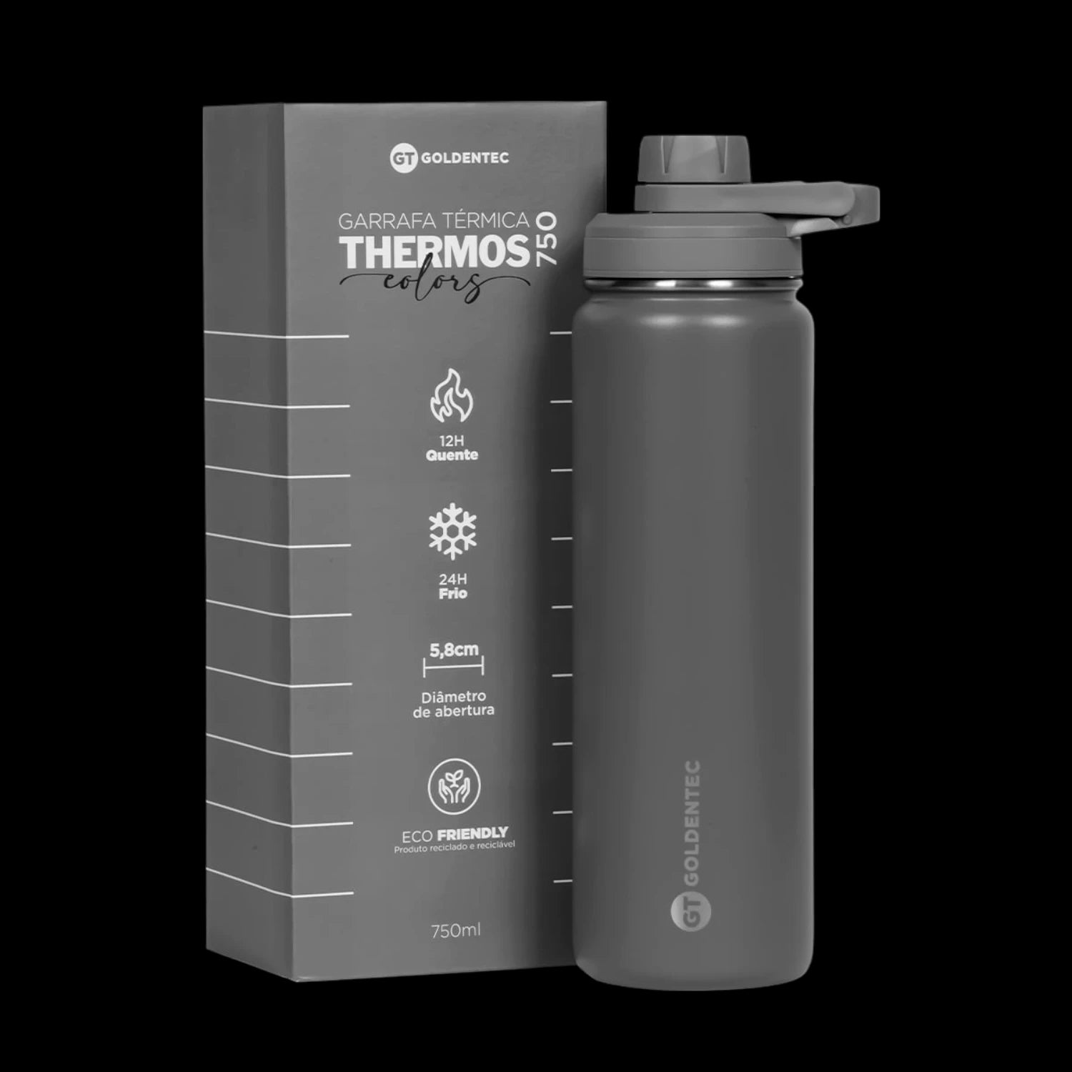 Garrafa Térmica Goldentec 750ml em aço inoxidável, mantém bebidas quentes por 12h e frias por 24h, ideal para o dia a dia.