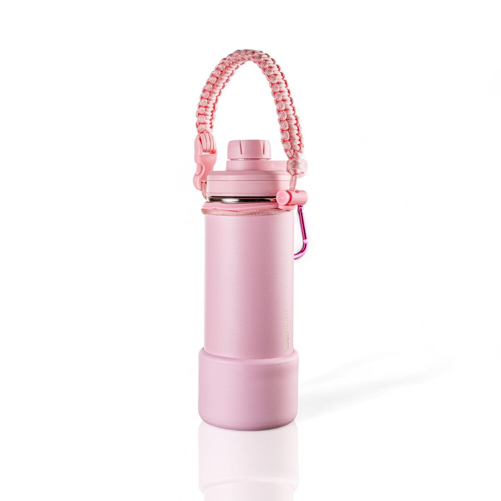 Garrafa Térmica GalaxyFlask® 532ml - Edição Limitada, rosa, com alça trançada, ideal para manter bebidas quentes ou frias por horas.