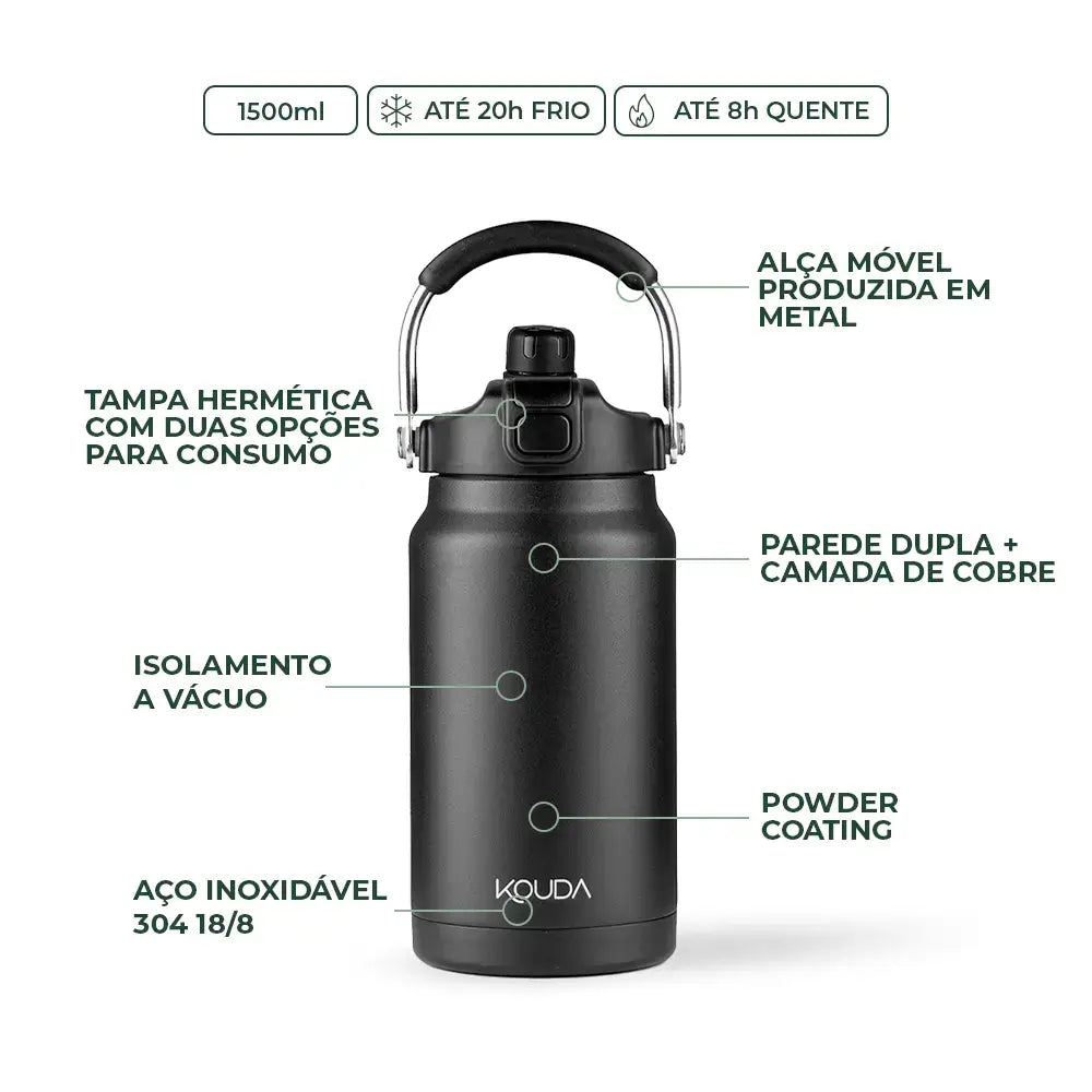 Garrafa Térmica Kouda Serrano – 1,5L, aço inox, 8h quente, 18h frio, tampa hermética, parede dupla, ideal para casa ou escritório.