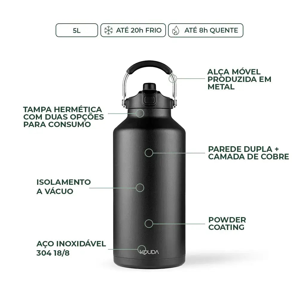 Garrafa Térmica Kouda Serrano – 5L com isolamento a vácuo e aço inoxidável, mantém líquidos quentes por 8h e frios por 20h.