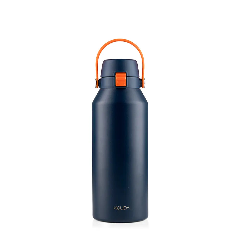 Garrafa Térmica Kouda Vega – 1000ml em azul com alça laranja, ideal para hidratação ao longo do dia.