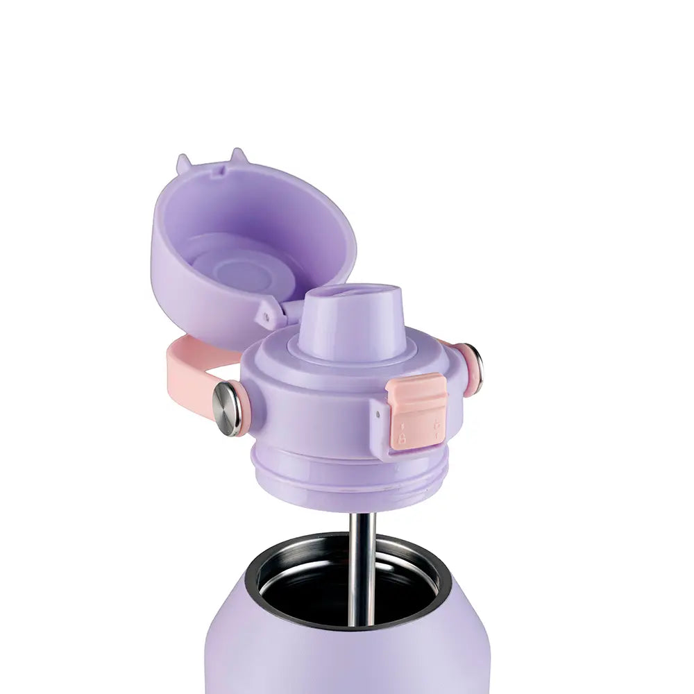 Garrafa Térmica Kouda Vega – 1000ml com tampa roxa, mostrando o interior e mecanismo de fechamento.