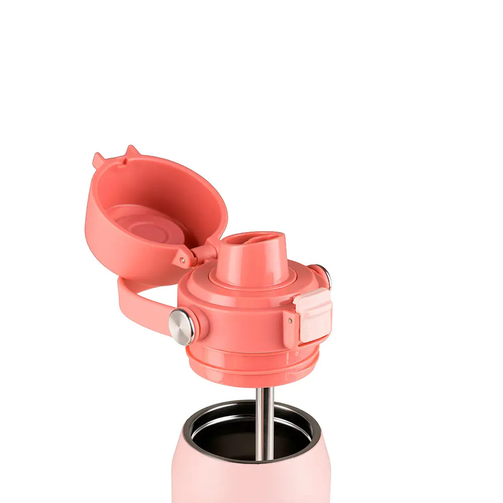 Tampa aberta da Garrafa Térmica Kouda Vega – 500ml em cor rosa, destacando seu design compacto e prático para mobilidade diária.