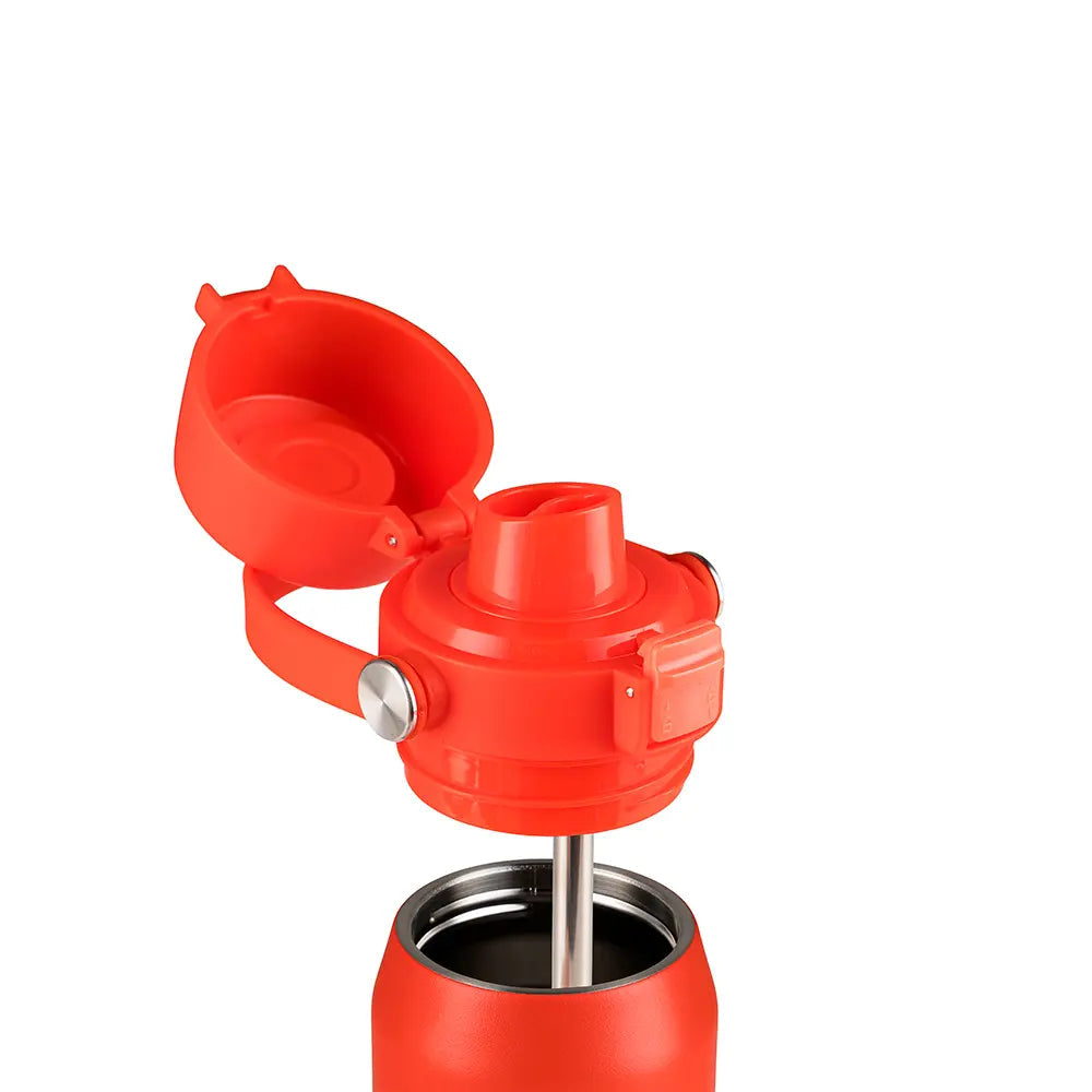 Garrafa Térmica Kouda Vega – 500ml aberta, mostrando a tampa vermelha e interior de aço inoxidável, ideal para mobilidade e conservação térmica.