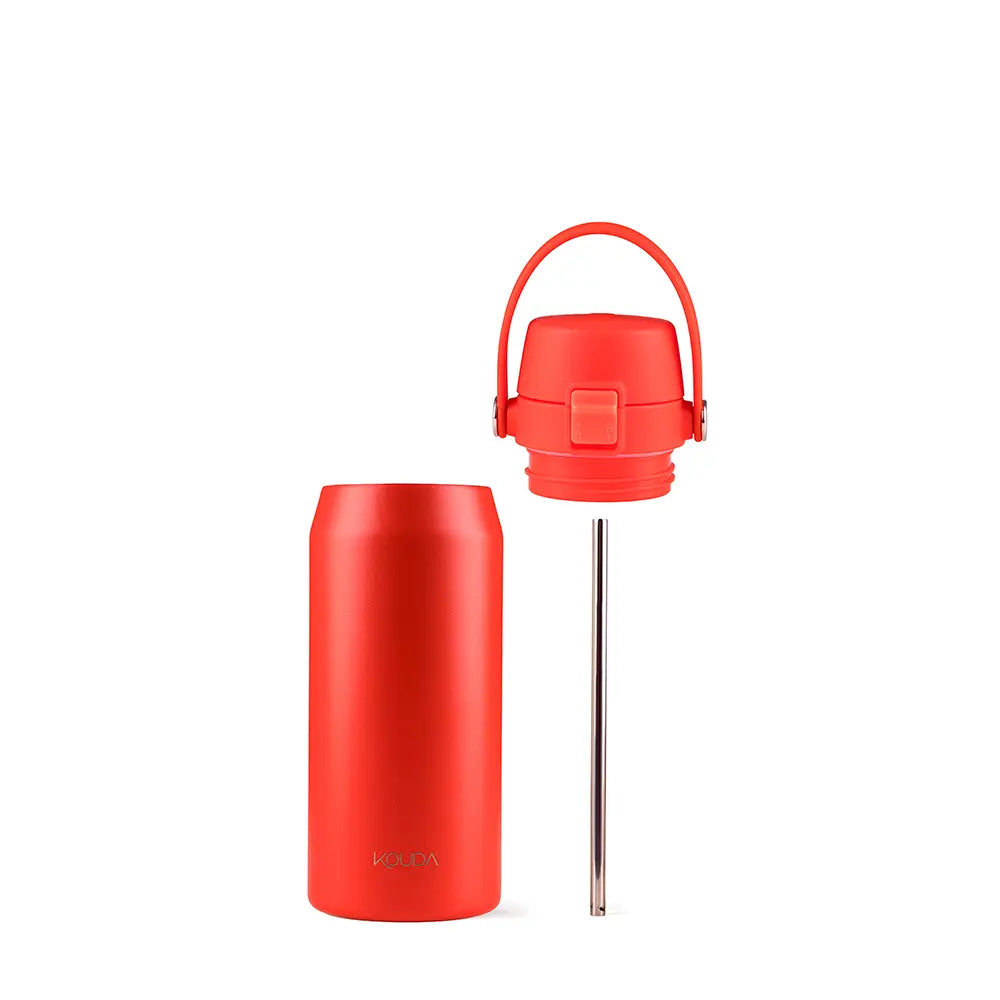 Garrafa Térmica Kouda Vega – 500ml em vermelho vivo com tampa e canudo destacáveis.