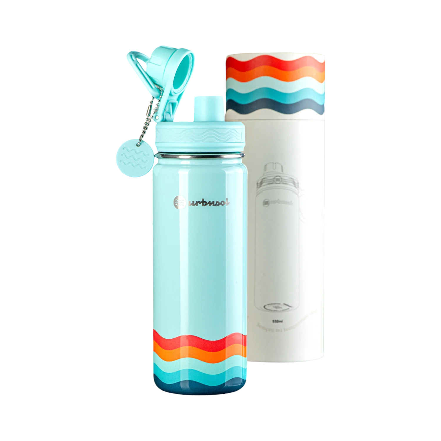 Garrafa Térmica Urbnsol 532ml - Core e Waves em aço inoxidável com design colorido, mantém bebidas quentes por 12h e frias por 24h.