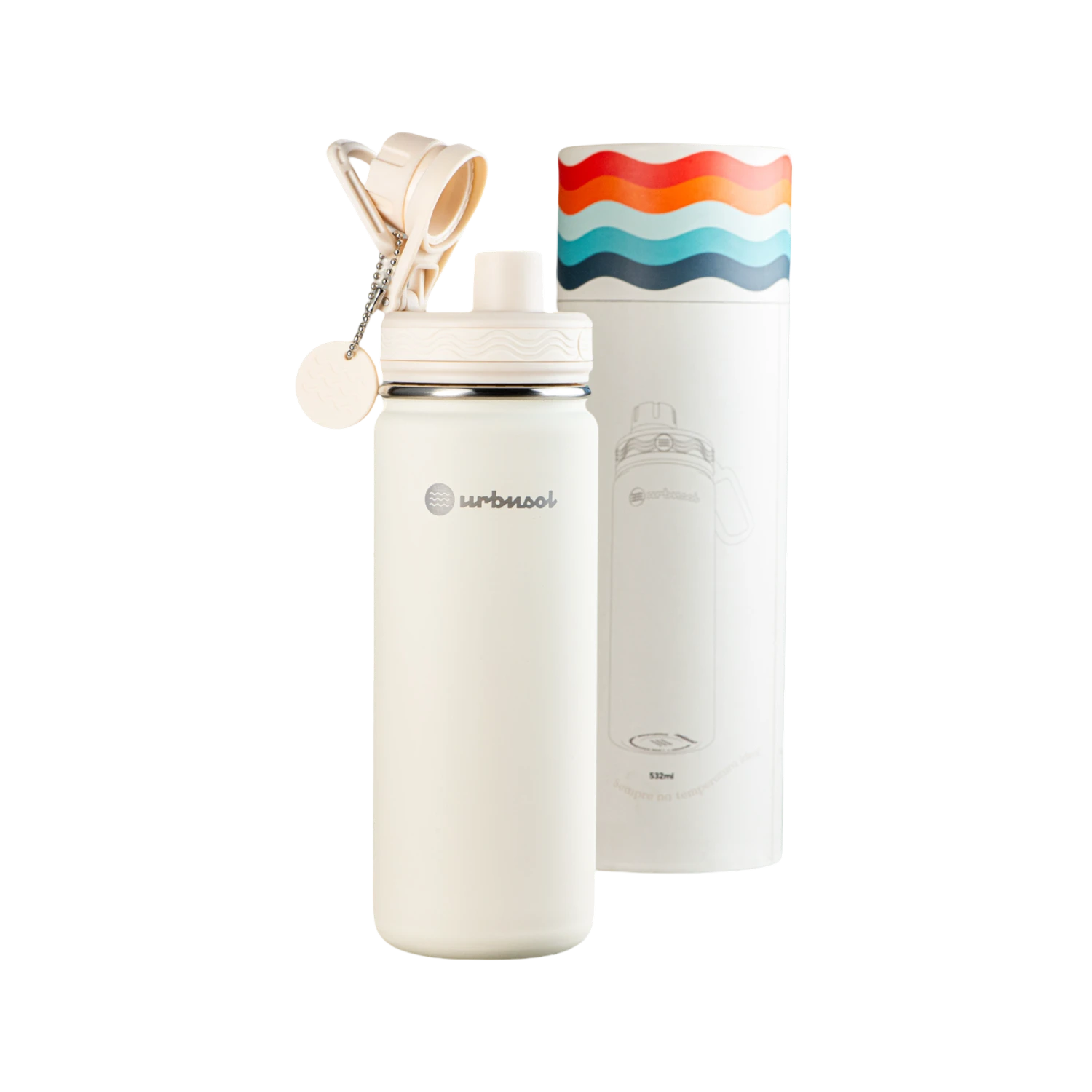 Garrafa Térmica Urbnsol 532ml - Core e Waves com isolamento térmico para manter bebidas quentes por 12h e frias por 24h, em aço inoxidável.