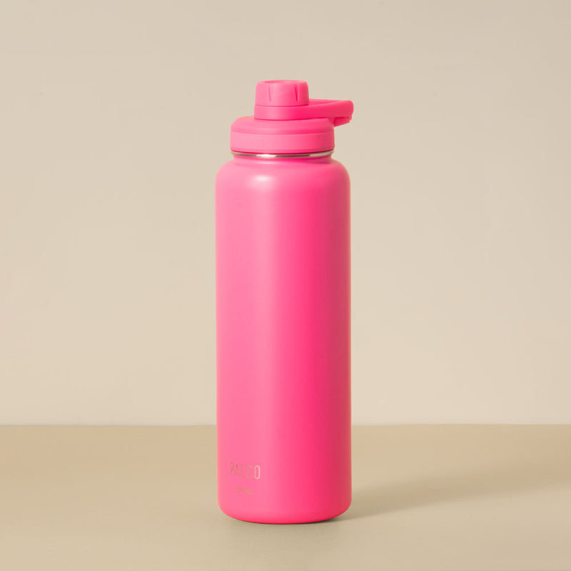 Garrafa Térmica PACCO Hydrav2 1200ml rosa, tecnologia avançada para manter bebidas frias por 24h e quentes por 12h, ideal para viagens.