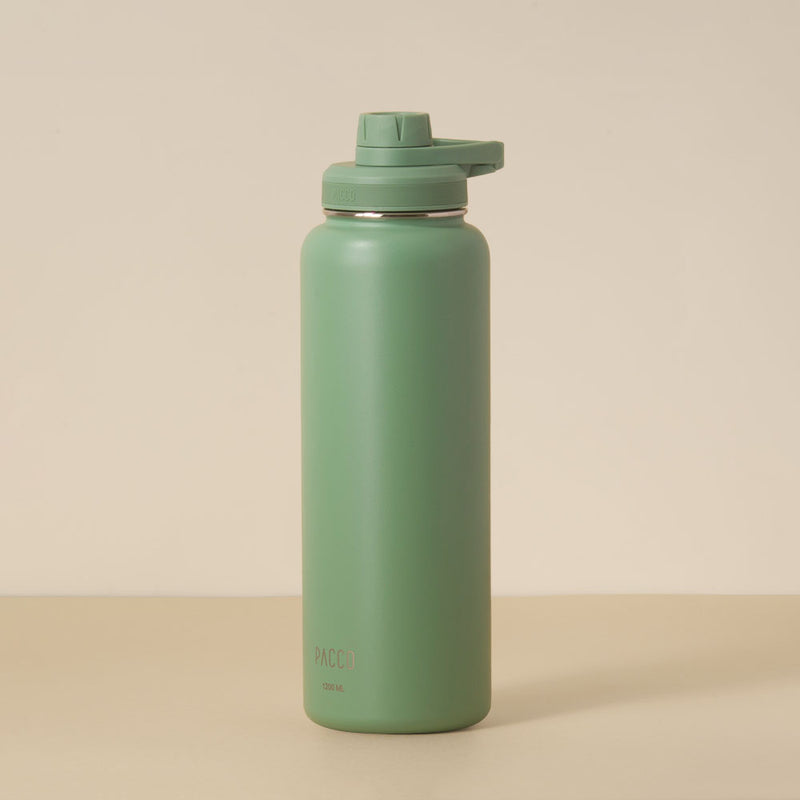 Garrafa Térmica PACCO Hydrav2 1200ml verde, alta performance térmica, ideal para academia, viagens, mantém bebidas frias e quentes.