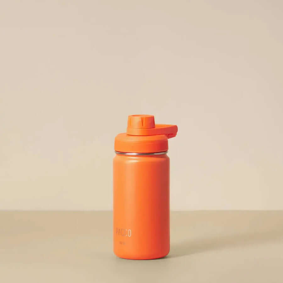 Garrafa Térmica PACCO Hydrav2 350ml laranja em fundo neutro, design compacto, ideal para manter bebidas quentes ou frias por horas.
