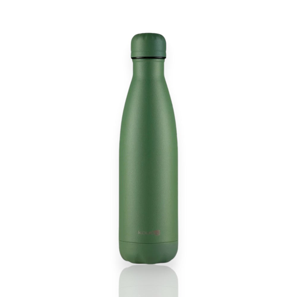 Garrafa Térmica Kouda Grey - 500ml com isolamento a vácuo e aço inoxidável SAE 304, resistente à corrosão e oxidação em verde.