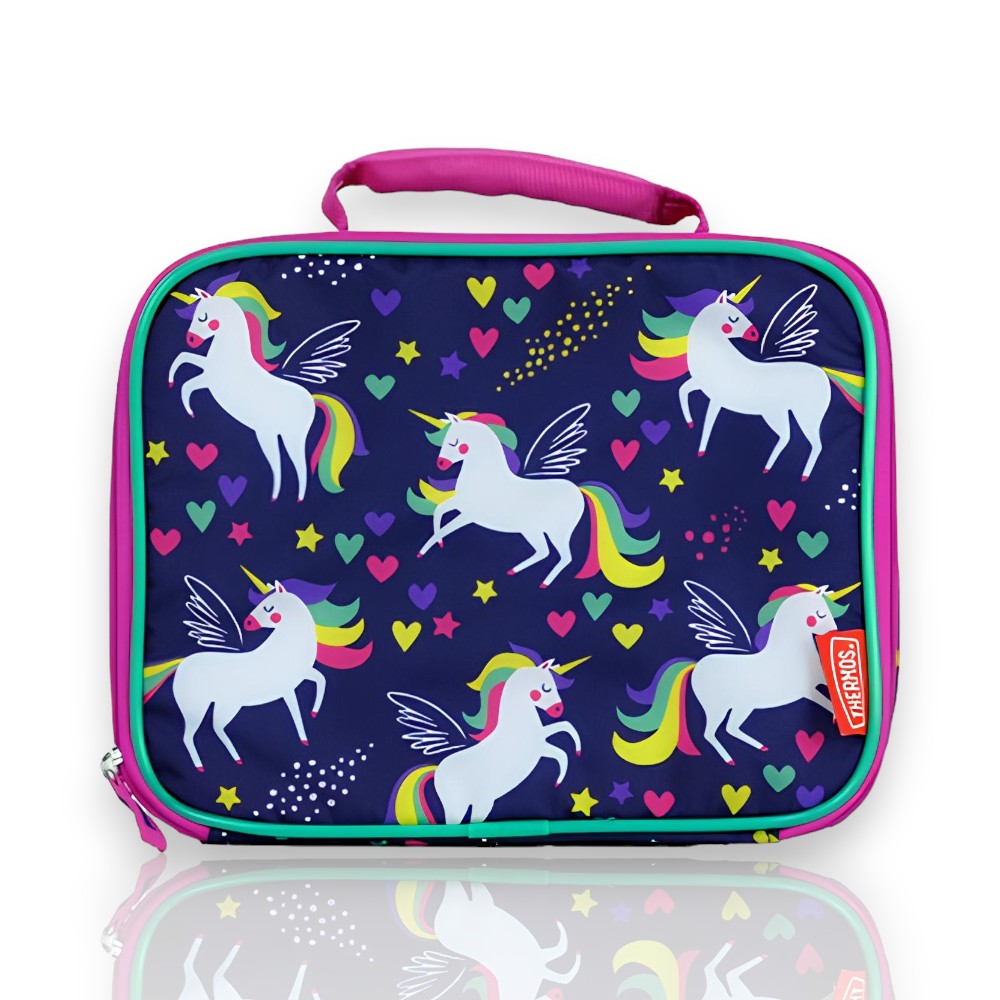 Lancheira Térmica - Thermos com design de unicórnios coloridos em fundo azul, ideal para manter alimentos frescos e seguros.