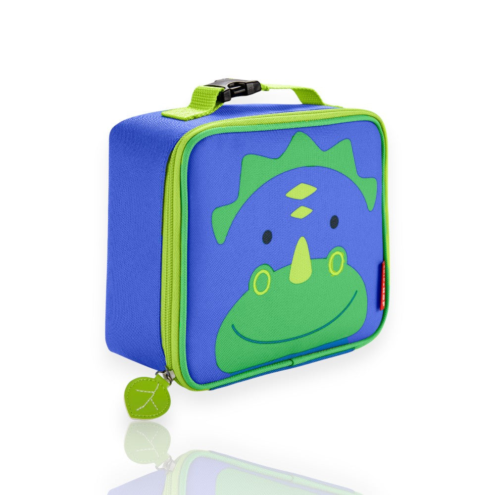 Lancheira Térmica Infantil Clássica Skip Hop com design de dinossauro azul e verde, ideal para manter alimentos frescos.
