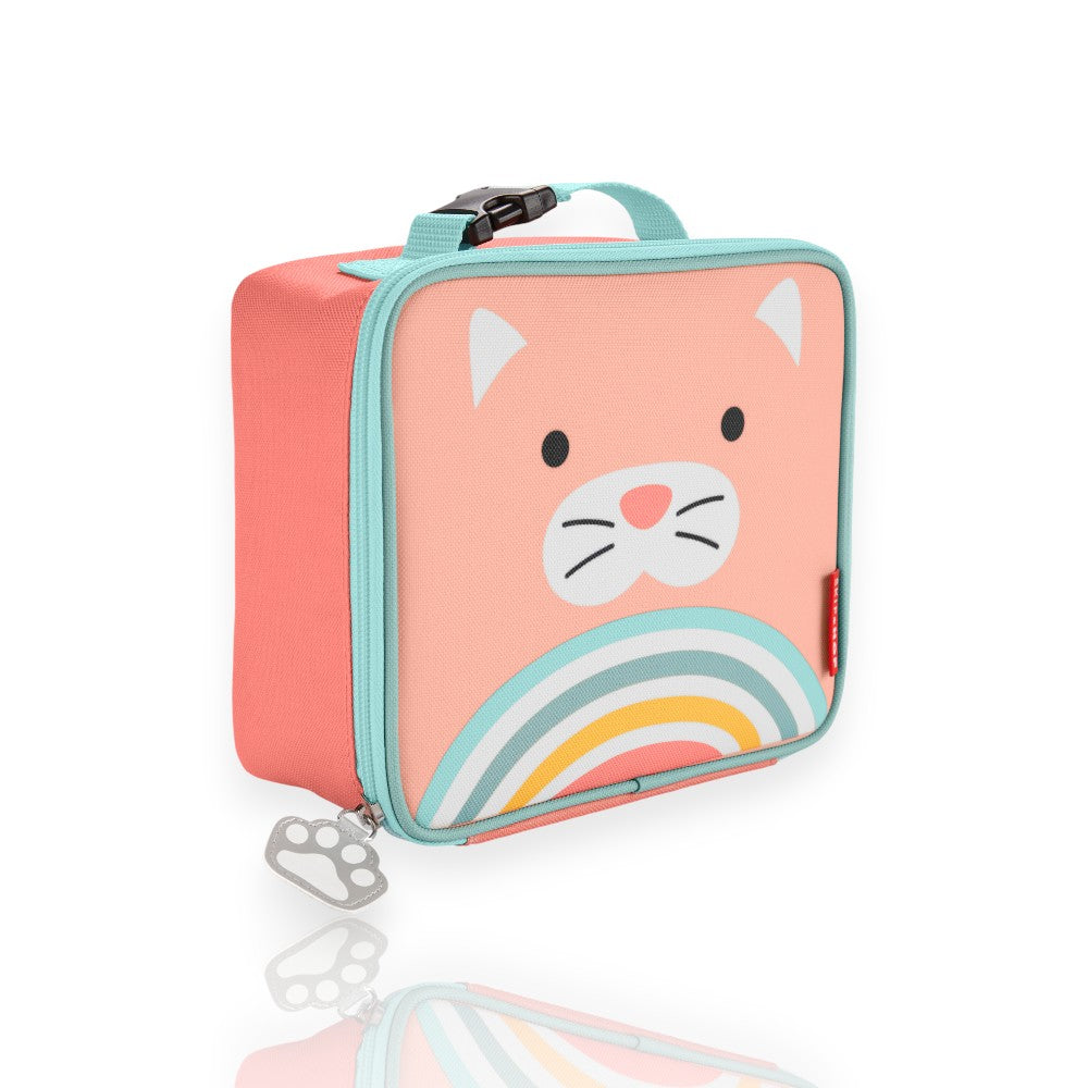 Lancheira Térmica Infantil Clássica Skip Hop com design colorido de gatinho, alça Clip-on e interior isolado para manter alimentos frescos.