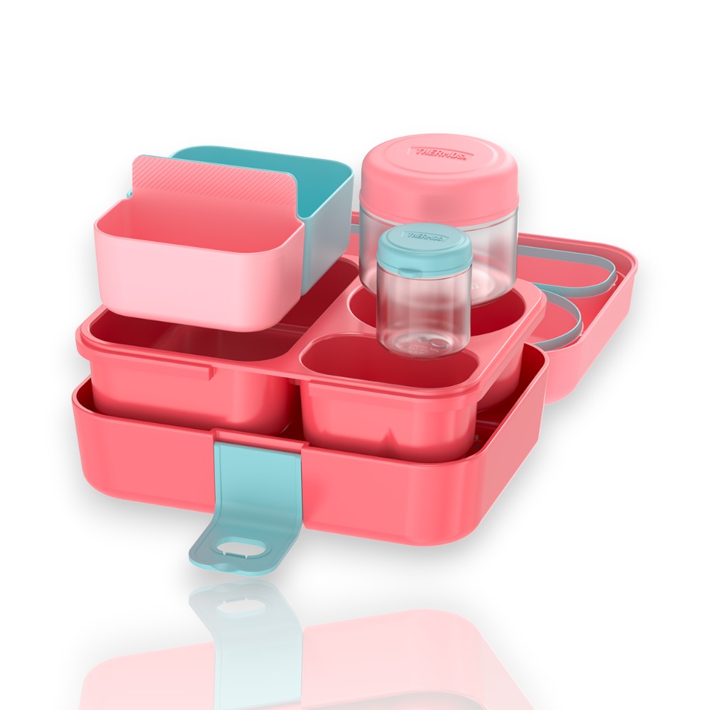 Lancheira Bento Box - Thermos rosa com recipientes removíveis, ideal para crianças, livre de BPA e lavável na lava-louças.