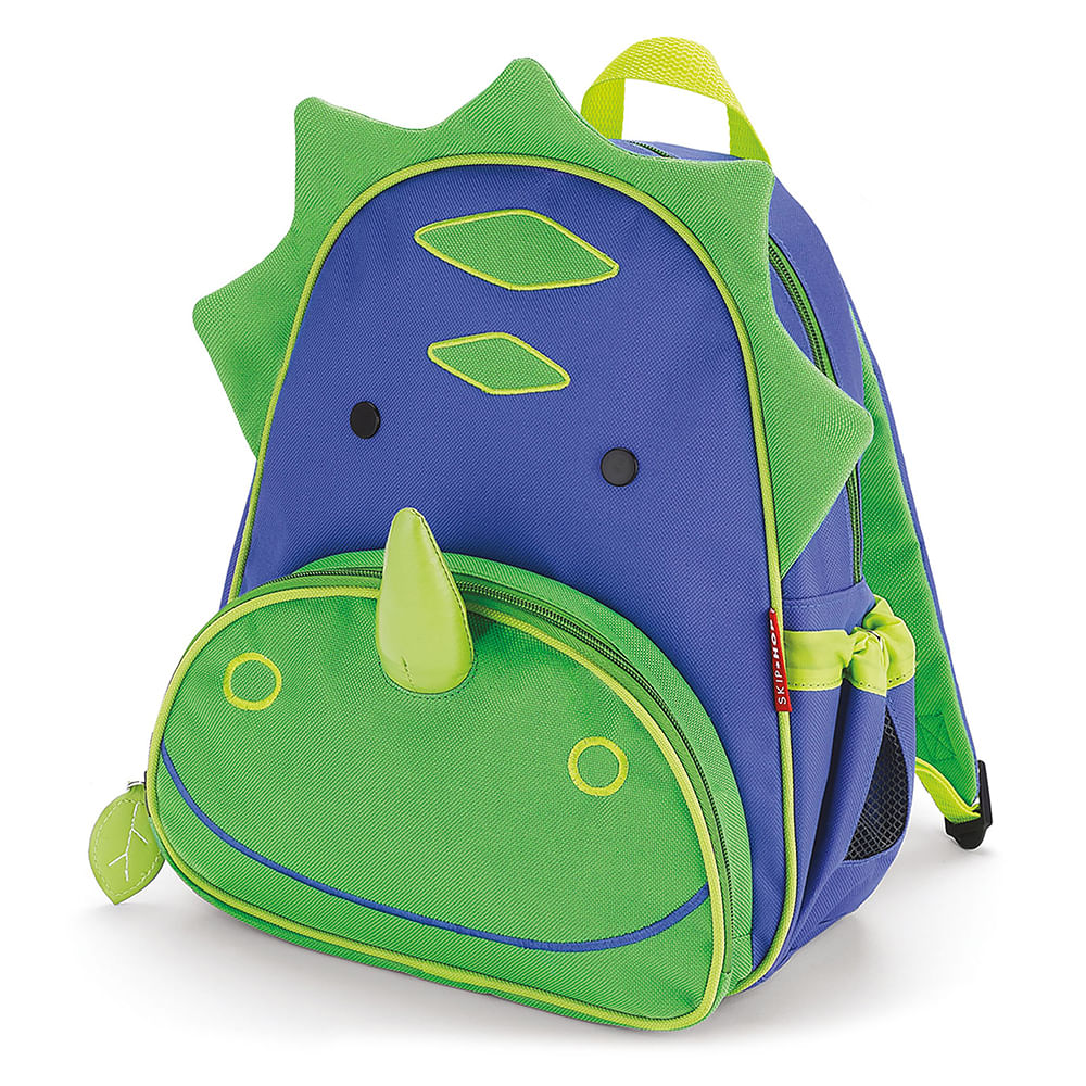 Mochila Infantil Zoo Skip Hop azul e verde com design de dinossauro, ideal para crianças a partir de 3 anos, com vários compartimentos.