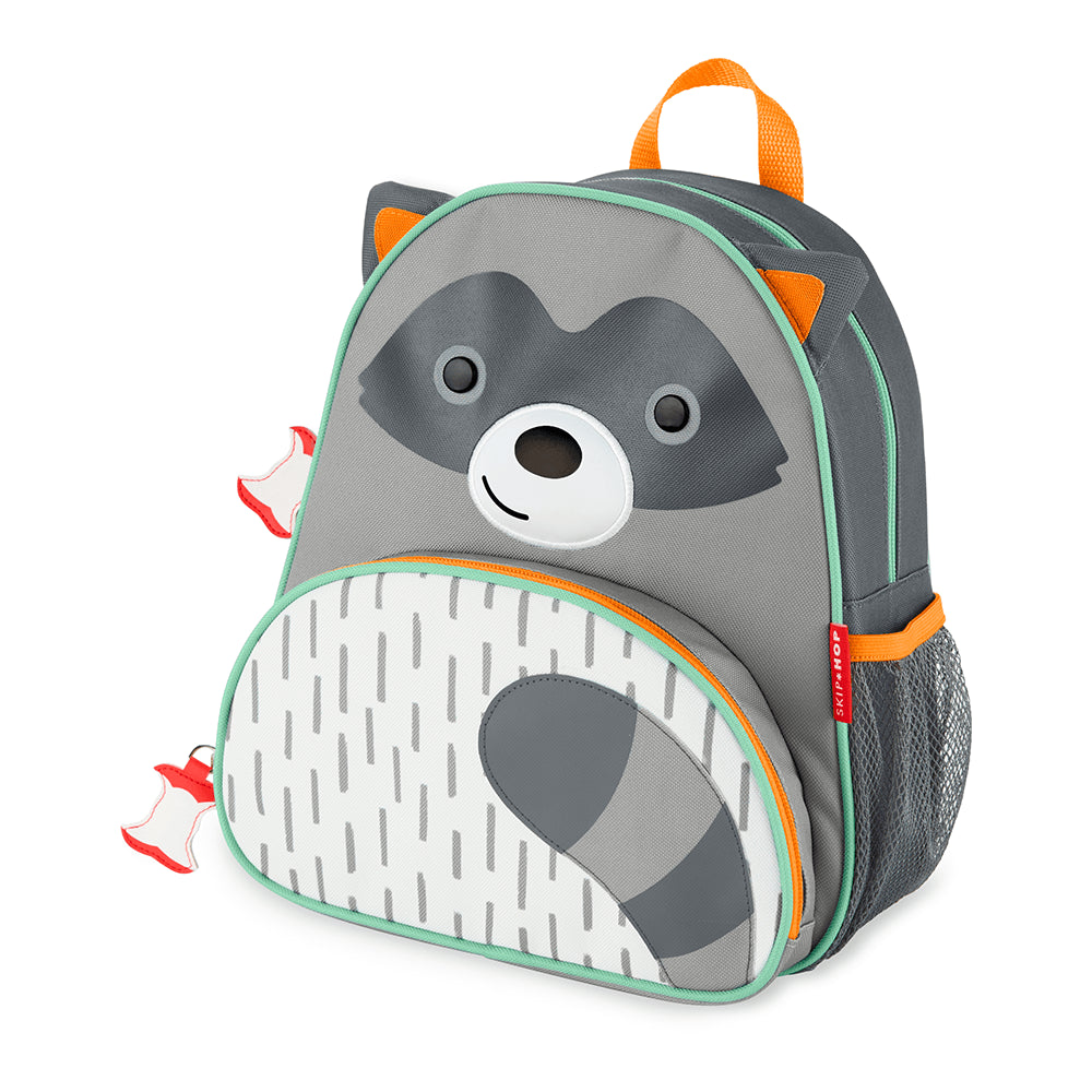 Mochila Infantil Zoo Skip Hop com estampa de guaxinim, ideal para crianças, com bolso frontal e lateral ajustável, confortável e fácil de limpar.