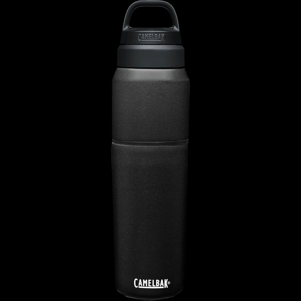 Garrafa Térmica Camelbak MultiBev 650ml preta, sistema 2 em 1 com copo destacável, ideal para bebidas quentes ou frias.
