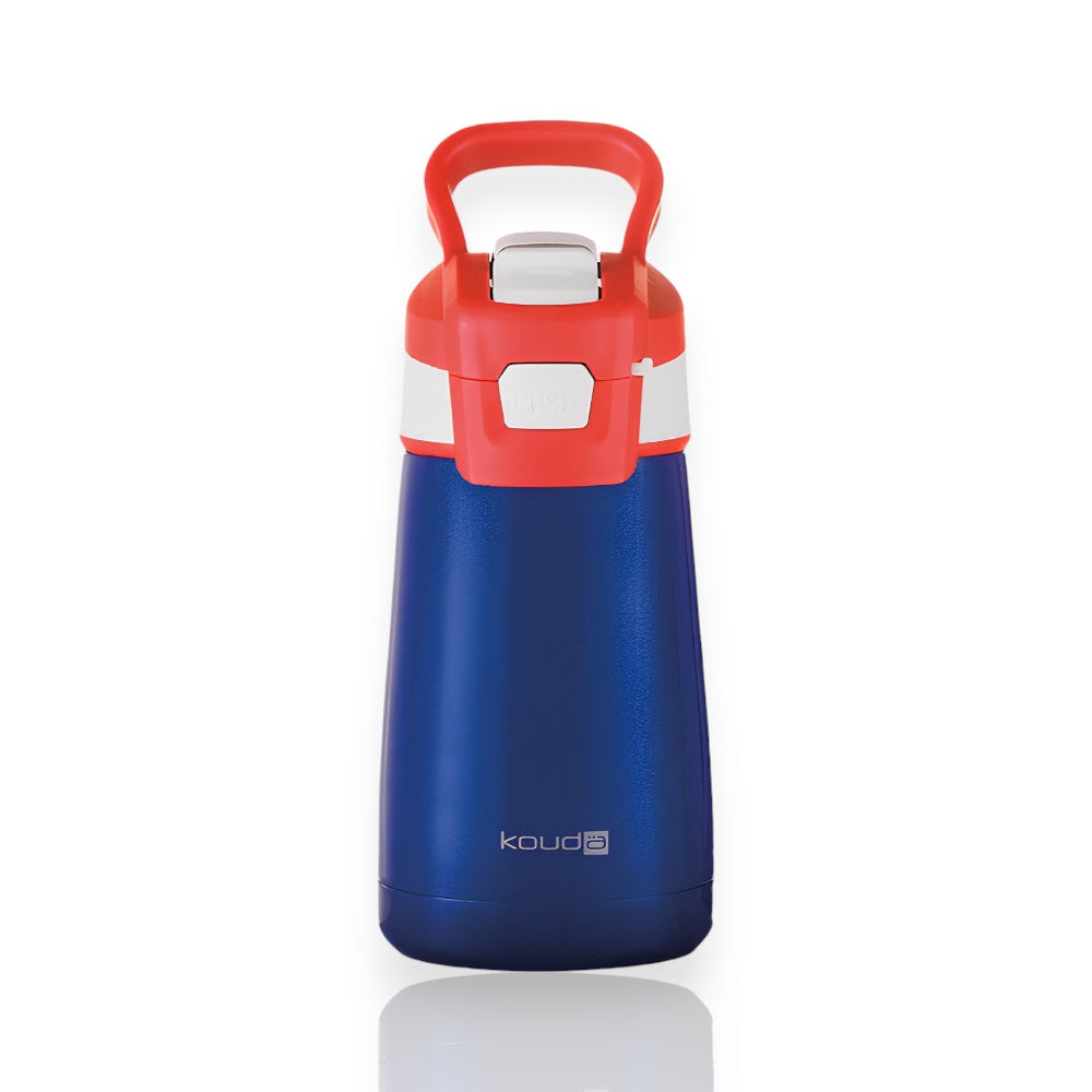 Garrafa Térmica Kouda Oka Kids - 350ml em azul e vermelho com alça resistente, ideal para o uso diário, feita de aço inoxidável durável.