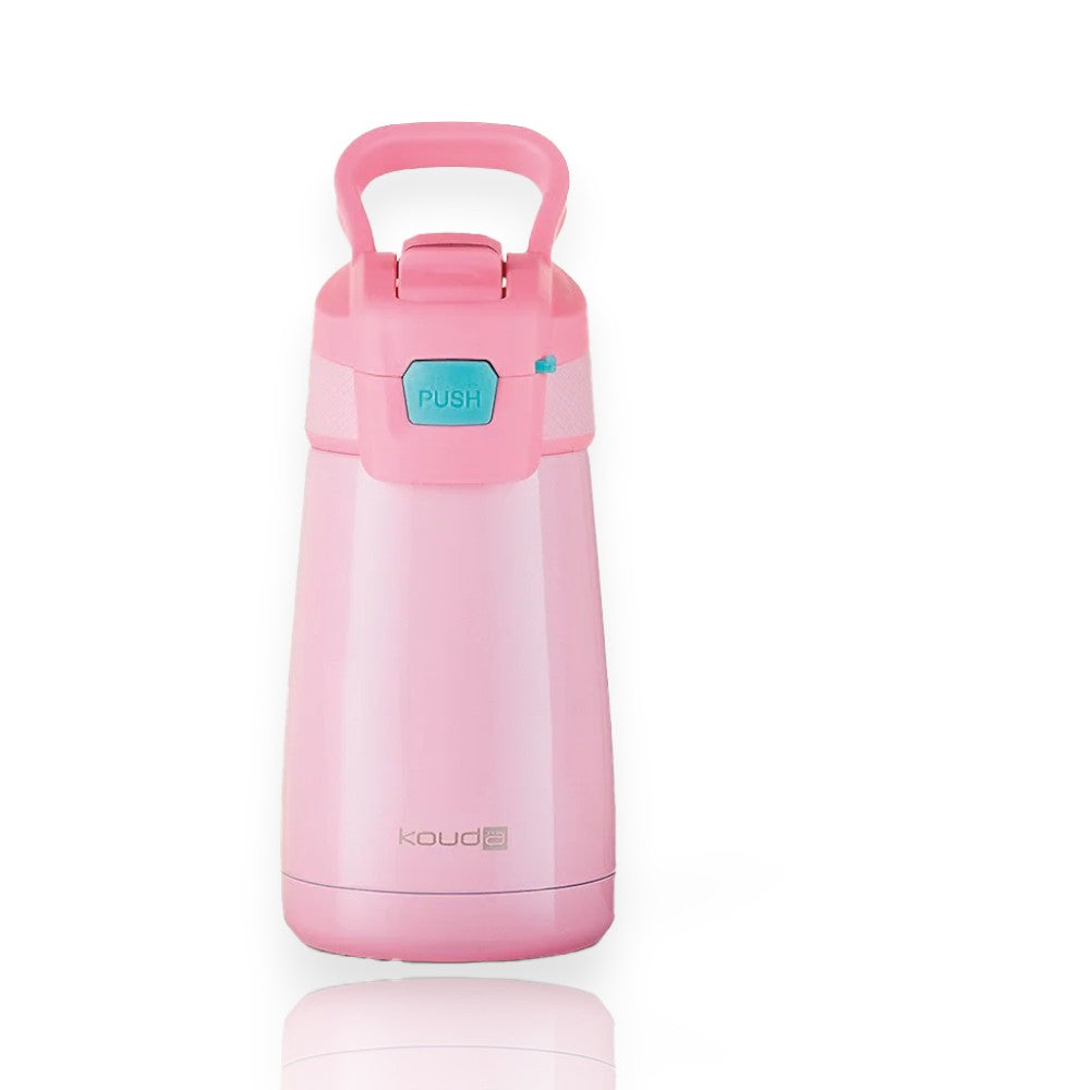 Garrafa Térmica Kouda Oka Kids - 350ml rosa com parede dupla de aço inoxidável, resistente à oxidação e corrosão.
