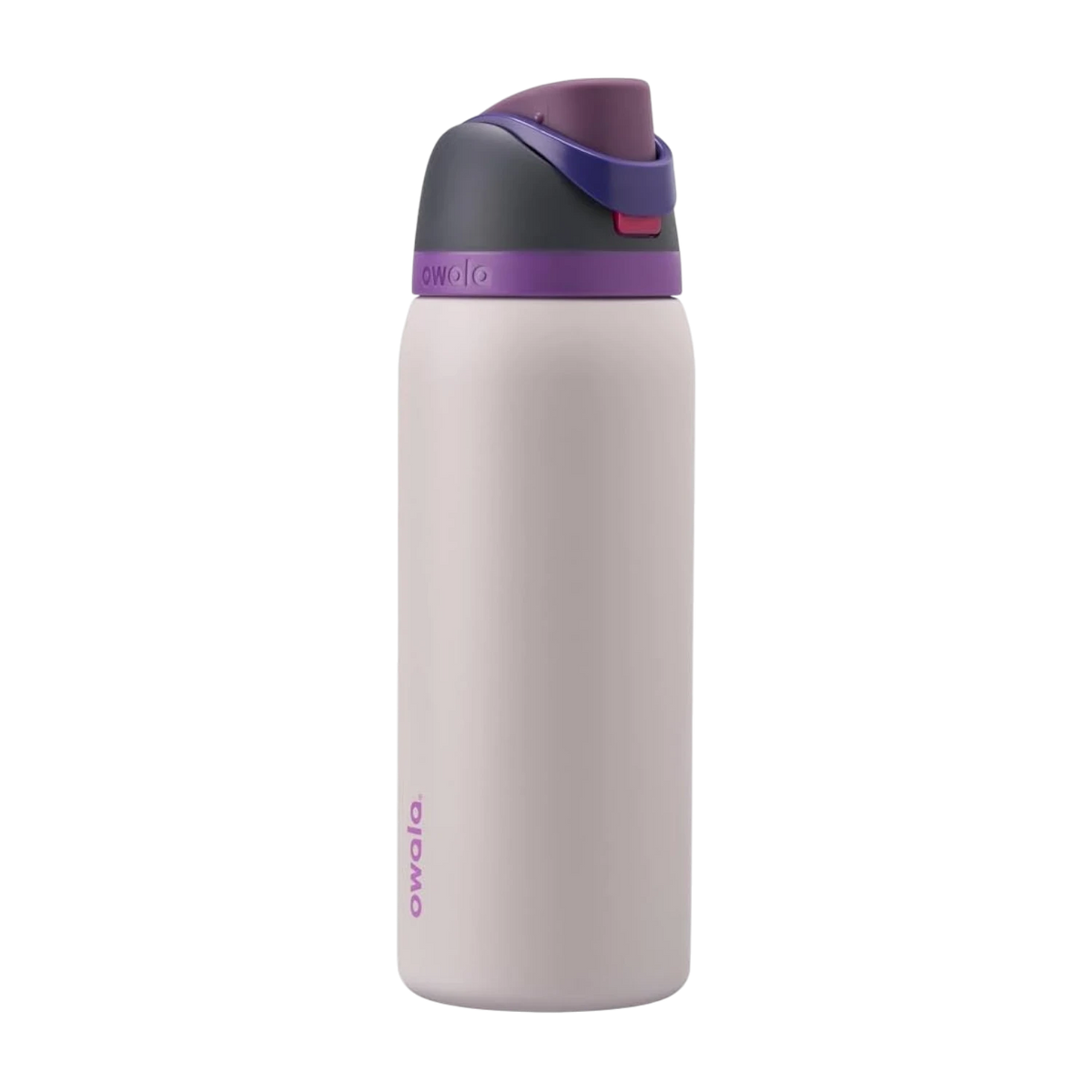 Garrafa Térmica Owala FreeSip - 946ml | 32oz em cor bege com tampa roxa escura, bico patenteado e trava à prova de vazamentos.