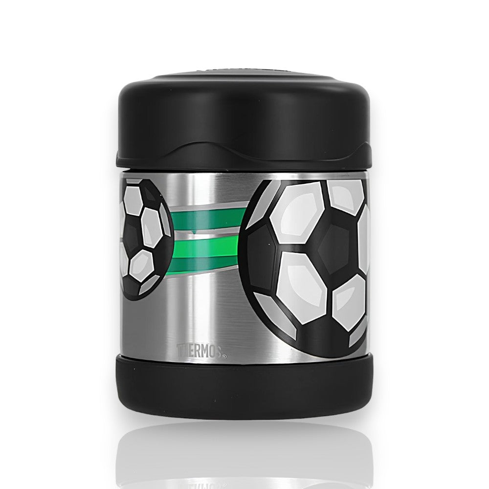 Pote Térmico Thermos Funtainer F300 - 290ml com design de futebol, durável e seguro, em aço inoxidável de parede dupla.