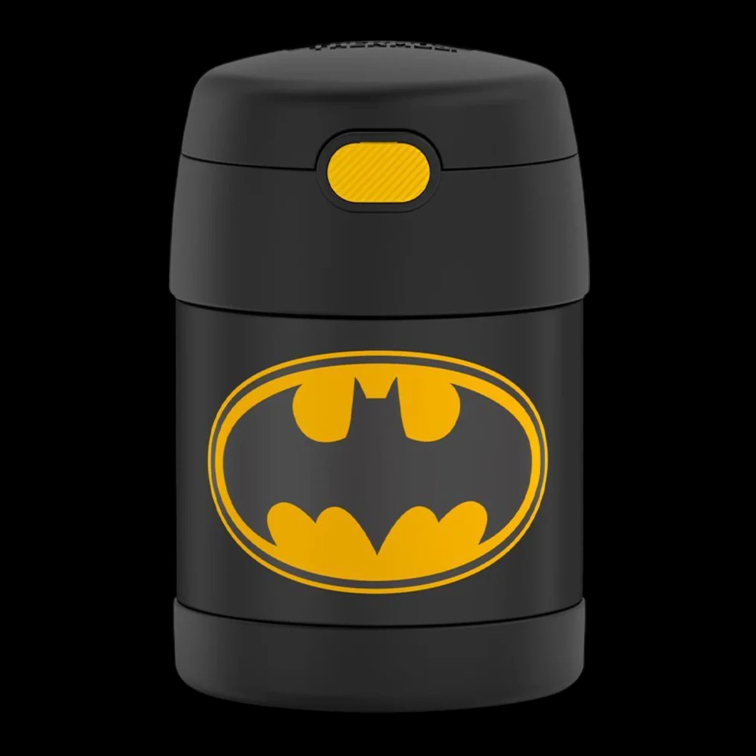 Pote Térmico Thermos ® 283g Funtainer infantil com design de super-herói em preto e amarelo, isolamento térmico avançado.