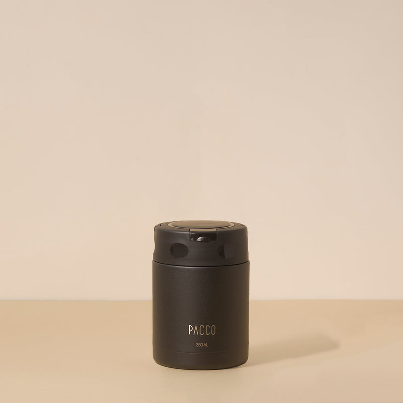 Pote Térmico FoodJar PACCO 350ml com corpo de aço inoxidável e acabamento durável, perfeito para refeições práticas e estilosas.