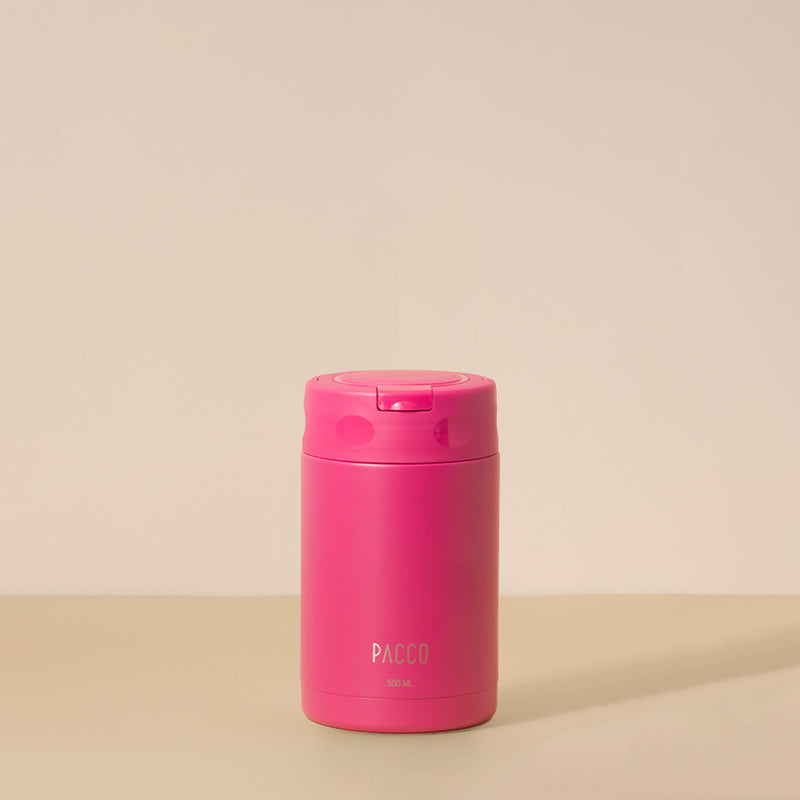 Pote Térmico FoodJar PACCO 500ml rosa com design moderno em aço inoxidável, ideal para conservar alimentos quentes ou frios.