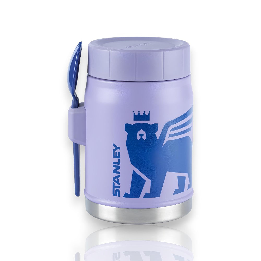 Pote Térmico Stanley Kids - 414ml com garfolher embutido, design seguro, cor lilás, ideal para manter alimentos quentes ou frios.