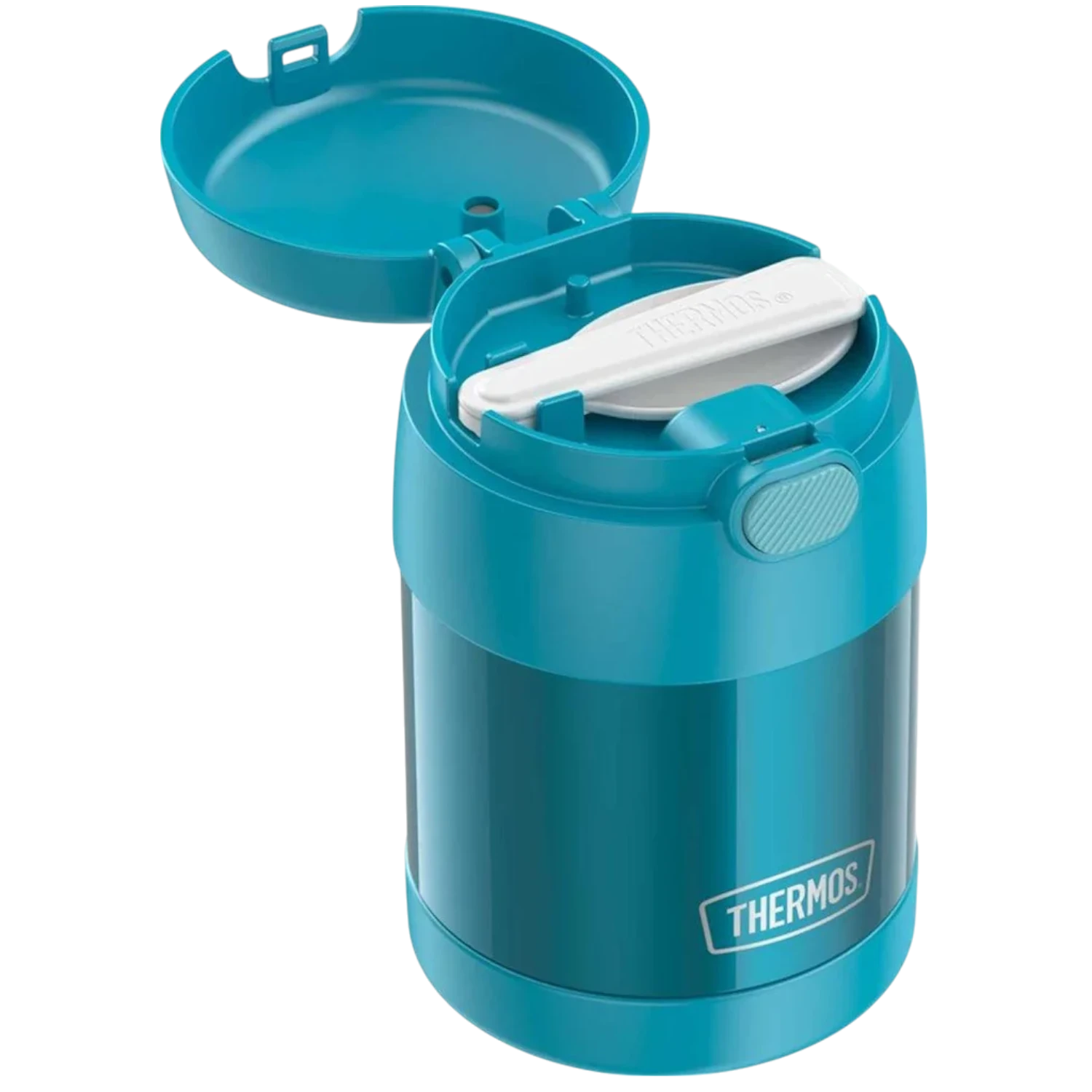 Pote Térmico Thermos ® 283g Funtainer azul com colher embutida, ideal para manter alimentos quentes por 5h e frios por 7h.