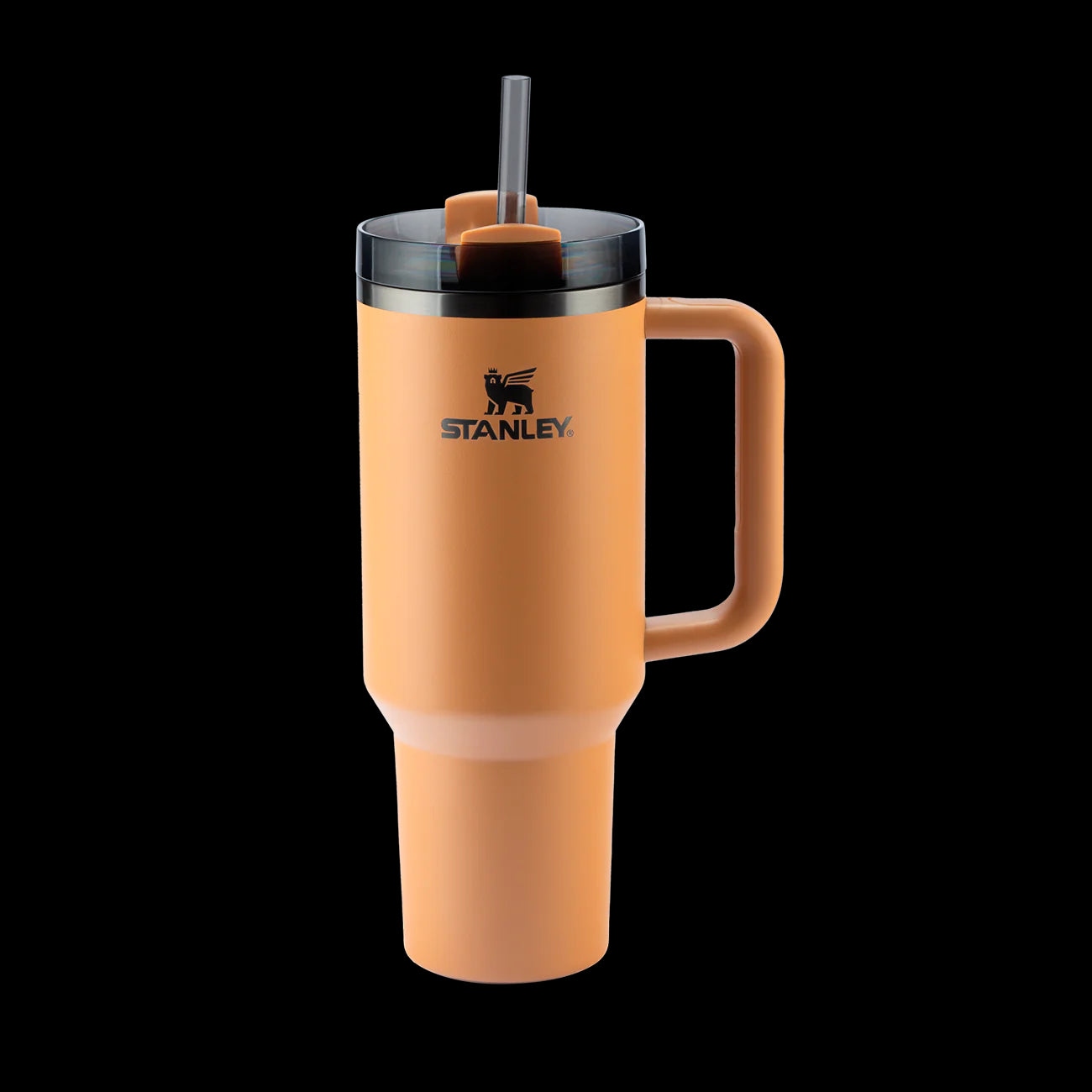 Copo Quencher Stanley 1,18L laranja com alça e tampa FlowState em fundo preto