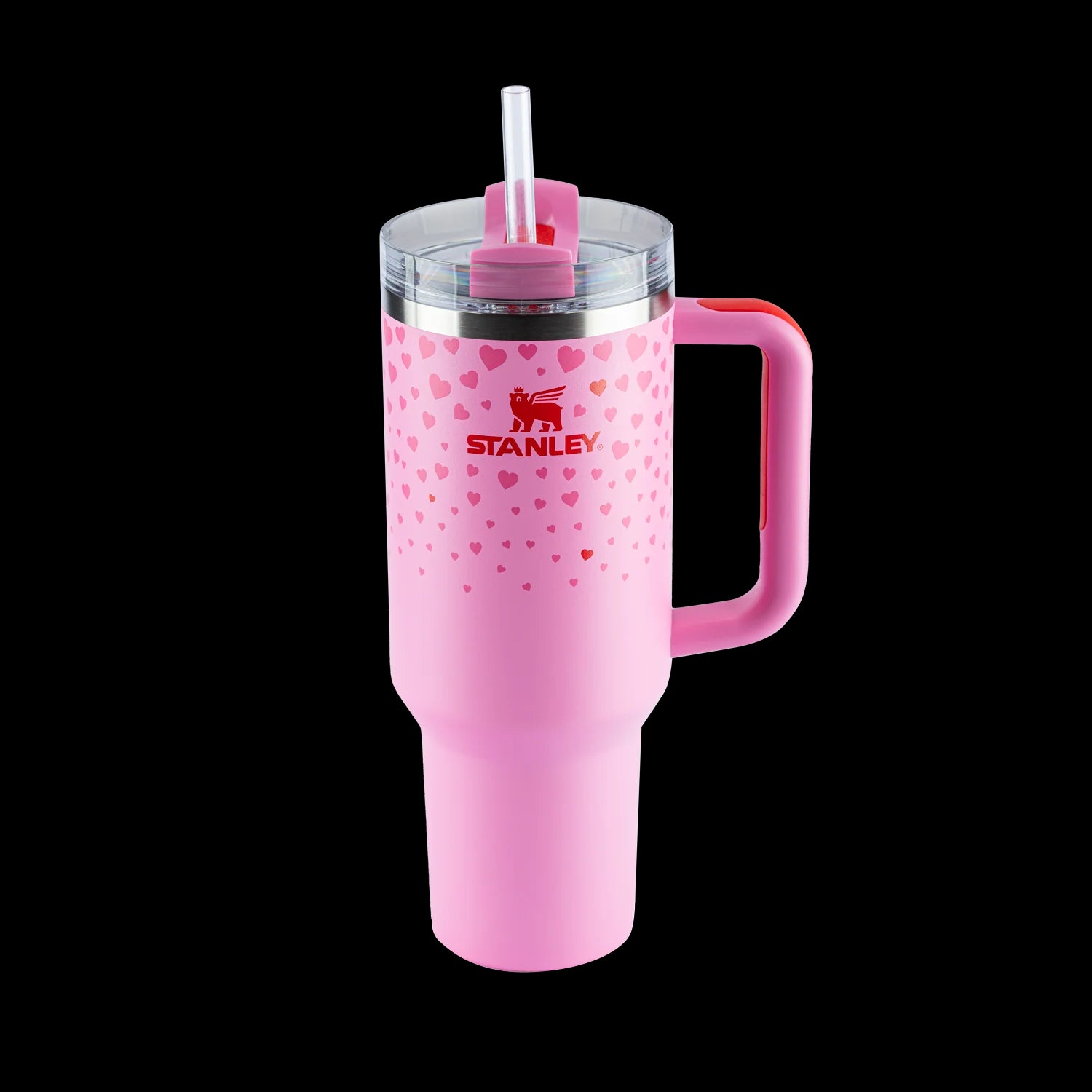 Copo Quencher Stanley 1,18L cor-de-rosa com estampa de corações, alça ergonômica e tampa com canudo.
