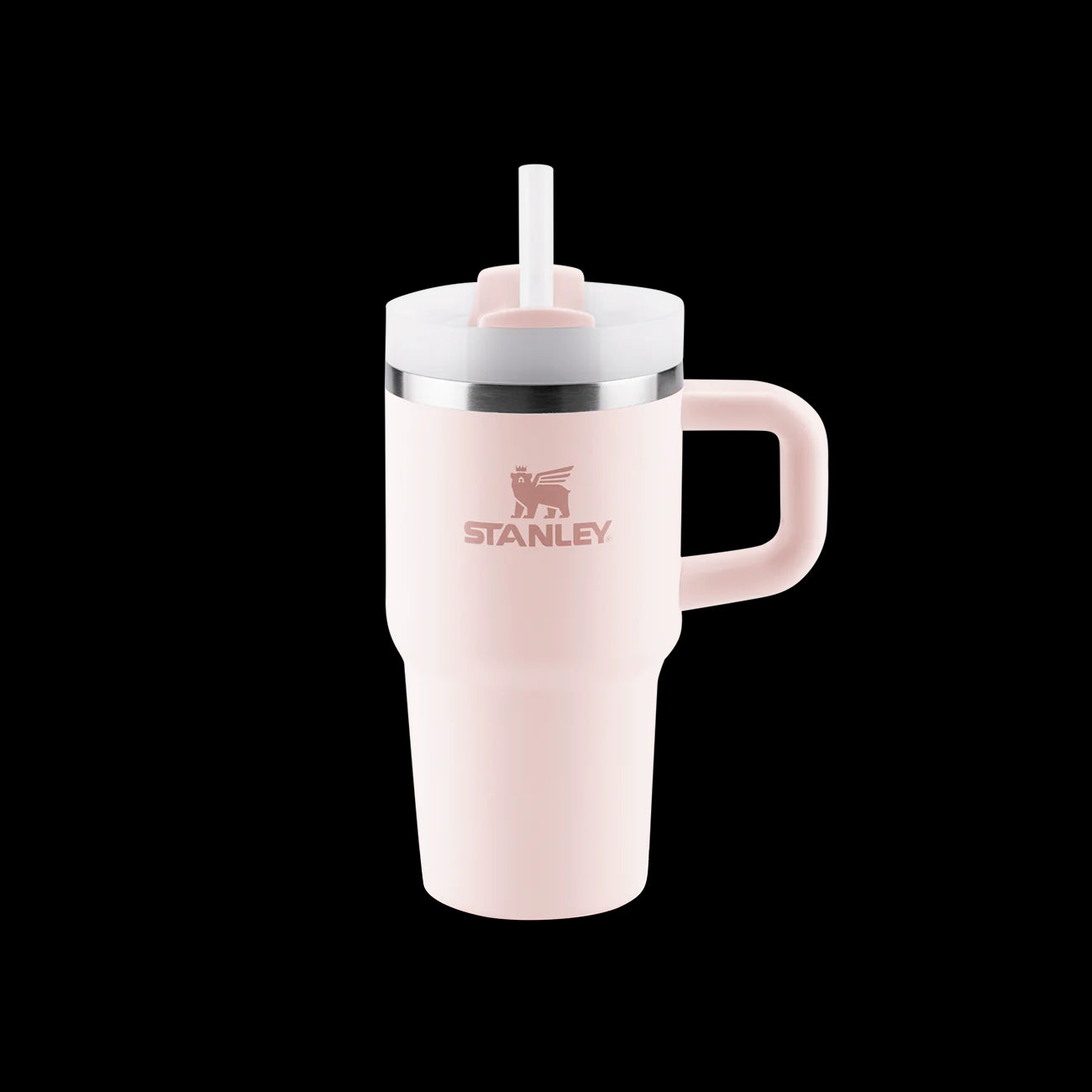 Copo Quencher com alça Stanley | 591ml em rosa claro, com canudo, ideal para manter bebidas geladas, ergonômico e com isolamento a vácuo.