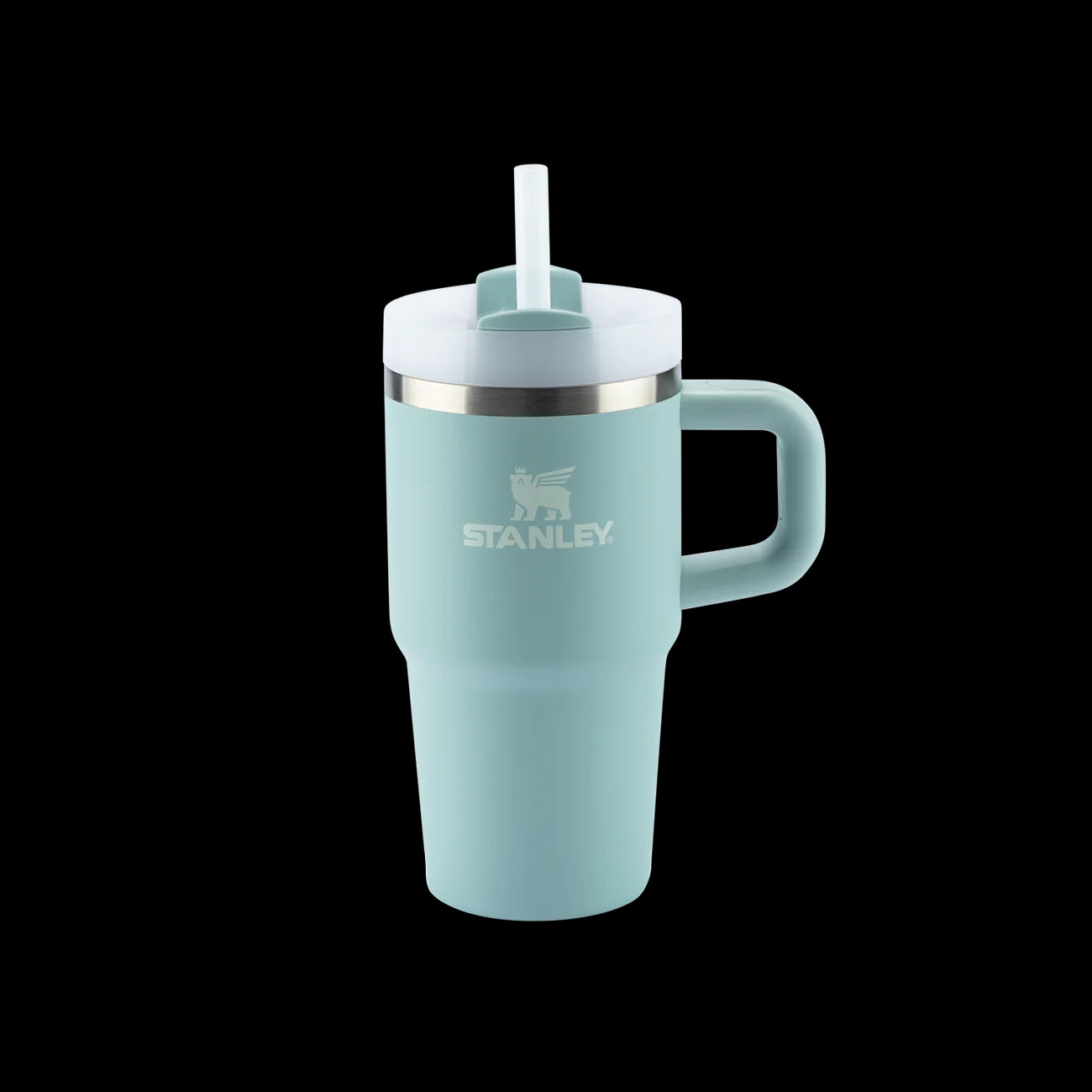 Copo Quencher com alça Stanley | 591ml azul-claro, design sofisticado, isolamento a vácuo, ideal para trabalho e lazer.