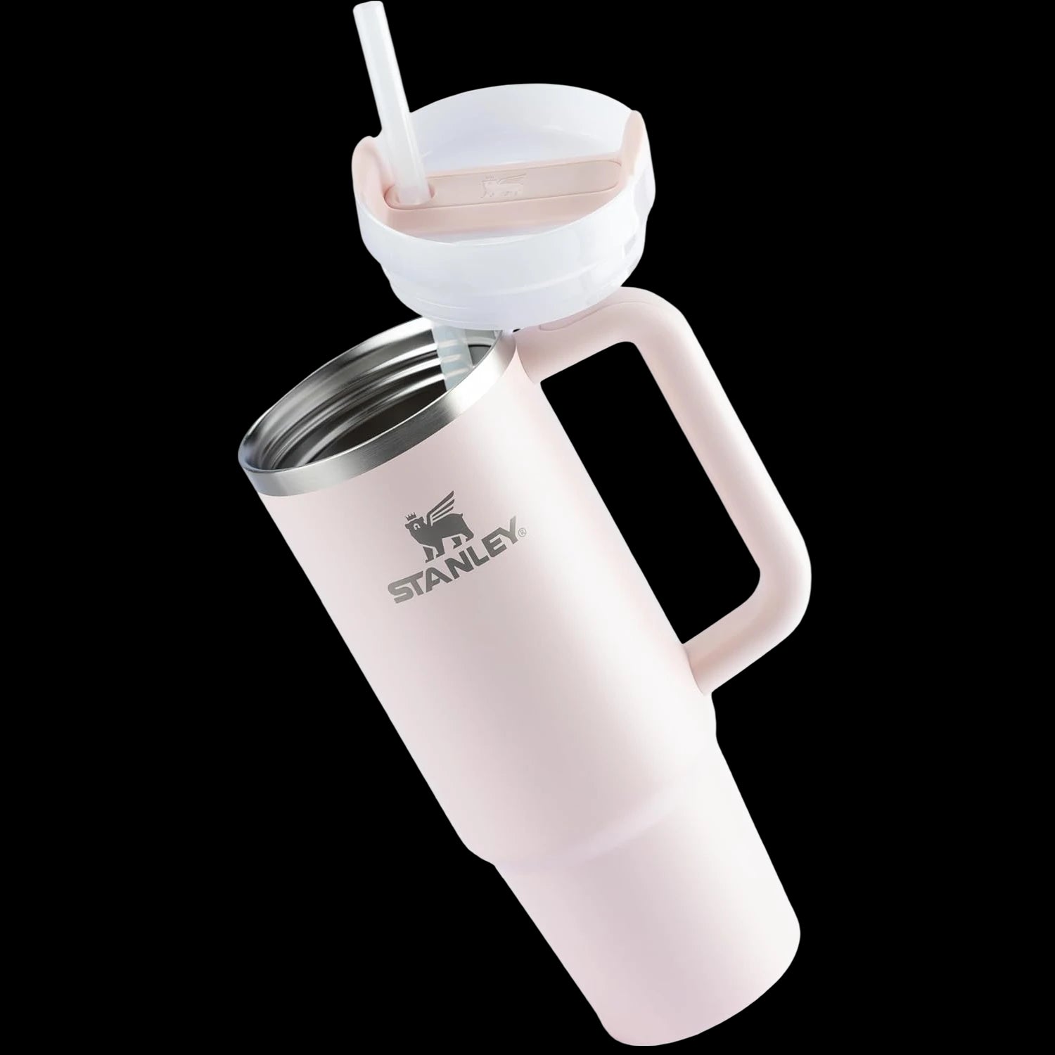 Copo Quencher Stanley 887ml rosa com alça ergonômica e tampa de 3 posições para bebidas geladas até 40 horas.