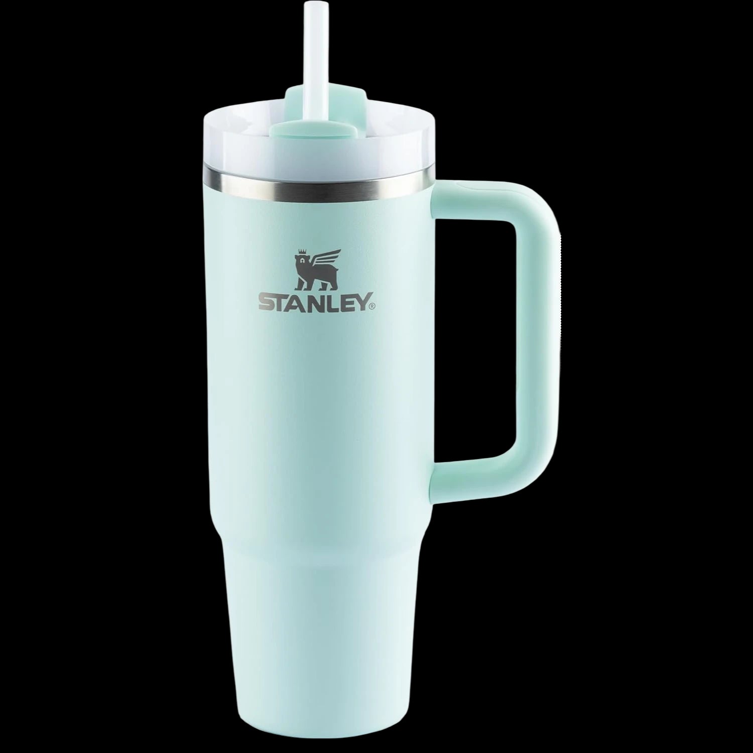 Copo Quencher Stanley 887ml em verde claro com tampa de 3 posições e alça ergonômica, ideal para manter bebidas geladas por até 40 horas.