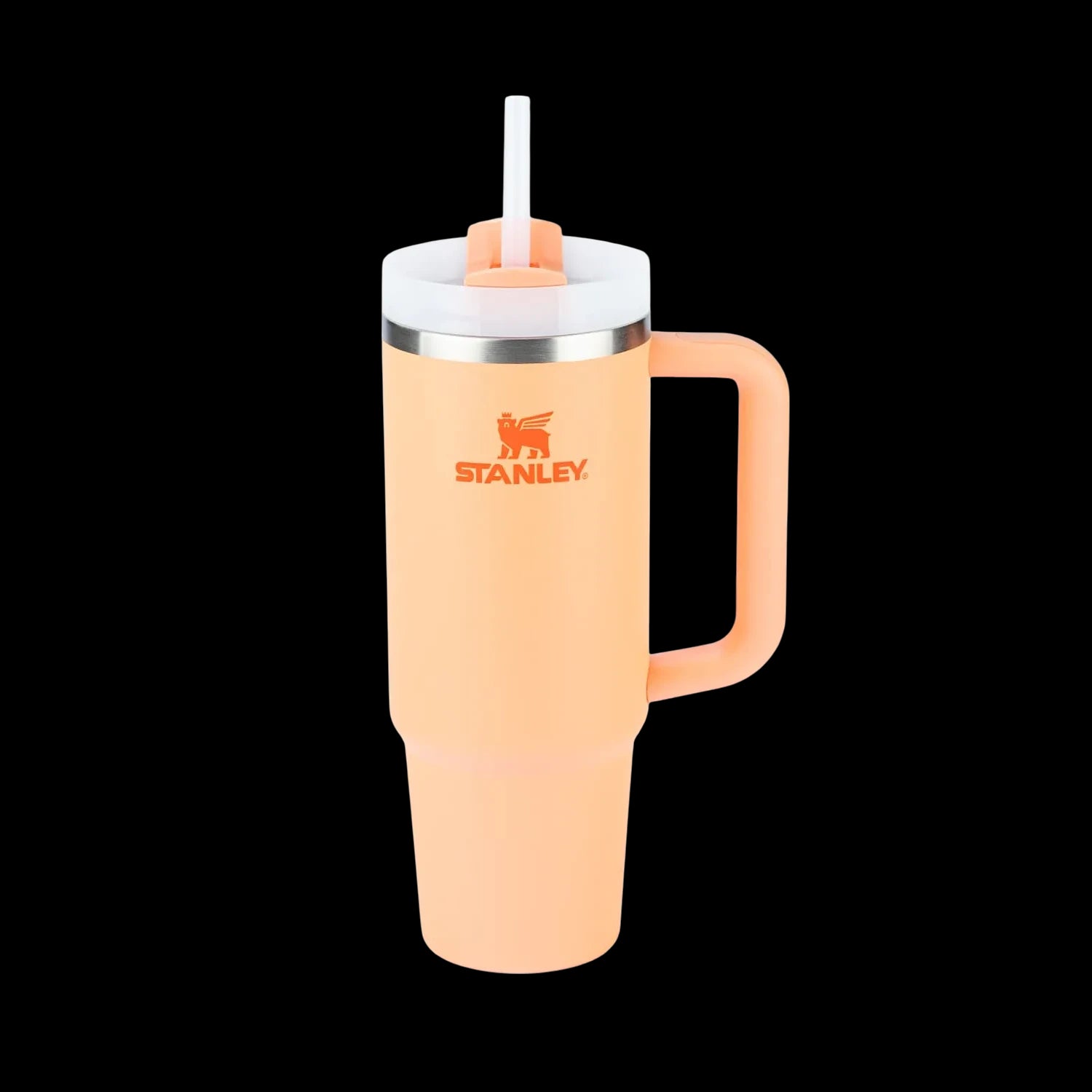 Copo Quencher Stanley 887ml em cor pêssego com alça ergonômica e tampa prática, ideal para manter bebidas geladas por até 40 horas.
