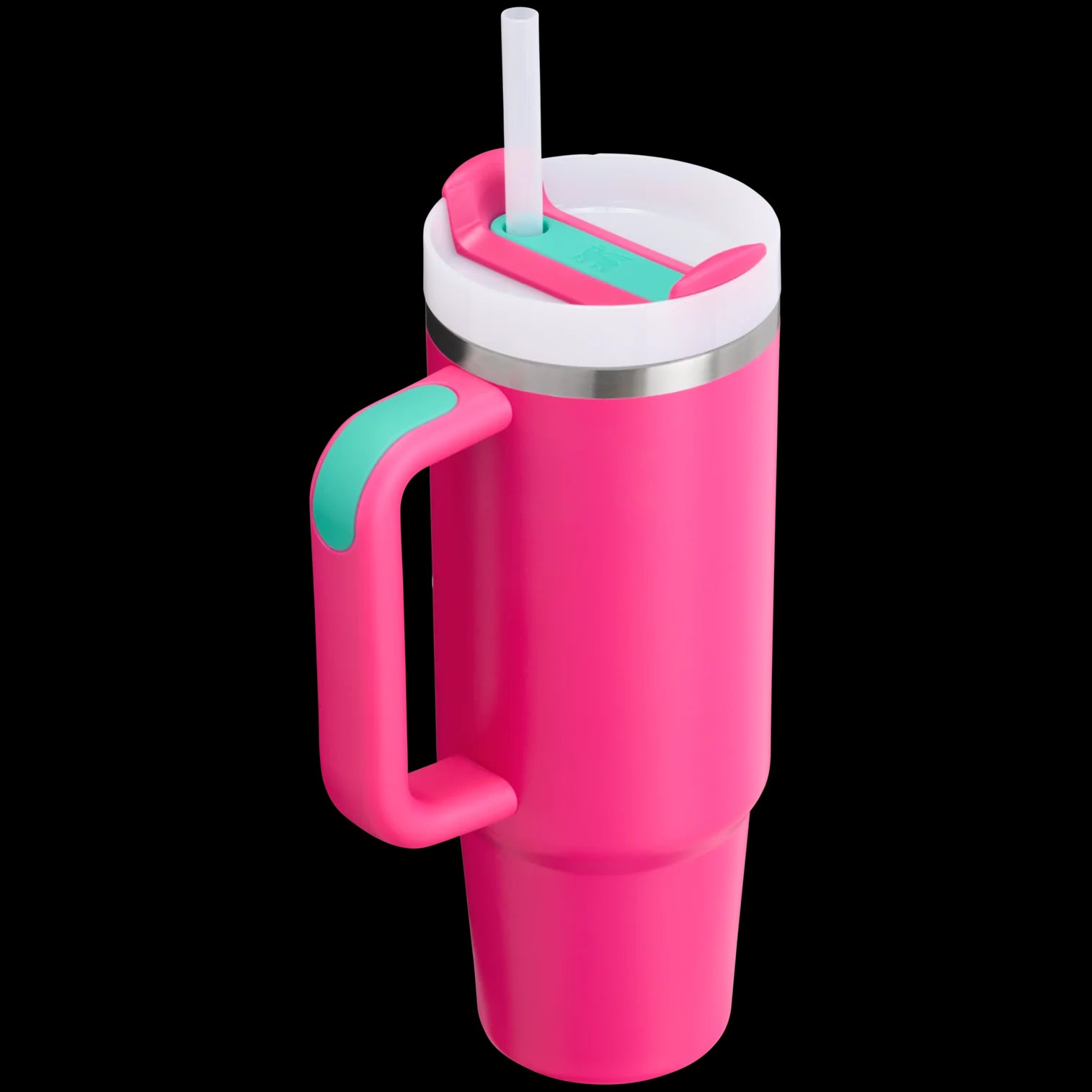 Copo Quencher Stanley 887ml rosa com alça ergonômica e tampa de 3 posições para manter bebidas geladas por até 40 horas.