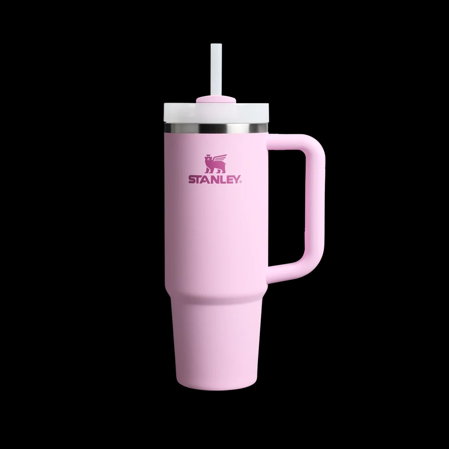 Copo Quencher Stanley 887ml rosa com alça ergonômica e tampa versátil, ideal para manter bebidas frias por 40 horas.