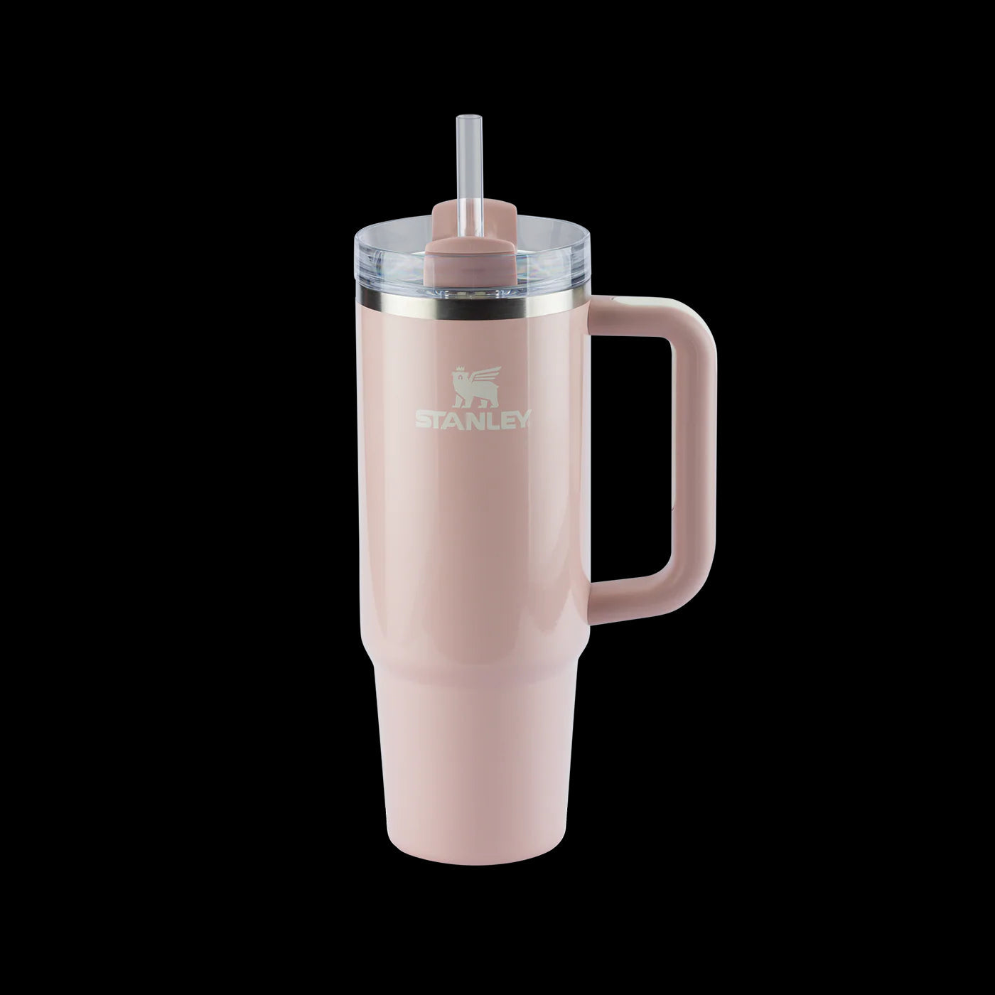 Copo Quencher Stanley 887ml rosa com alça ergonômica e tampa de 3 posições, ideal para manter bebidas geladas por até 40 horas.